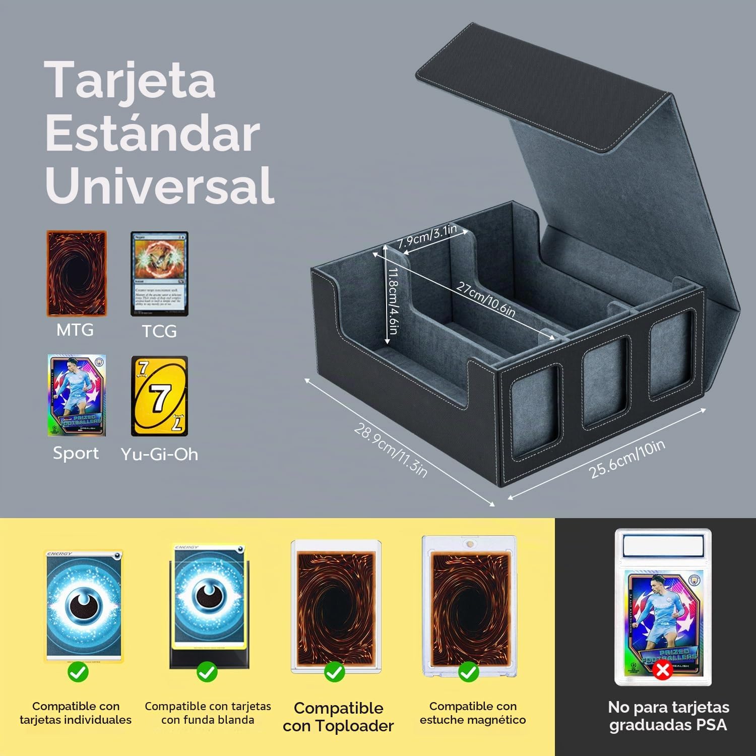 Caja de Cartas para MTG con ventana y 3 unidades 35PT magnético tarjeta para 1800+ tarjetas, con 10 separadores y 6 clips de valla, para Magic Commander TCG Cartas - Negro