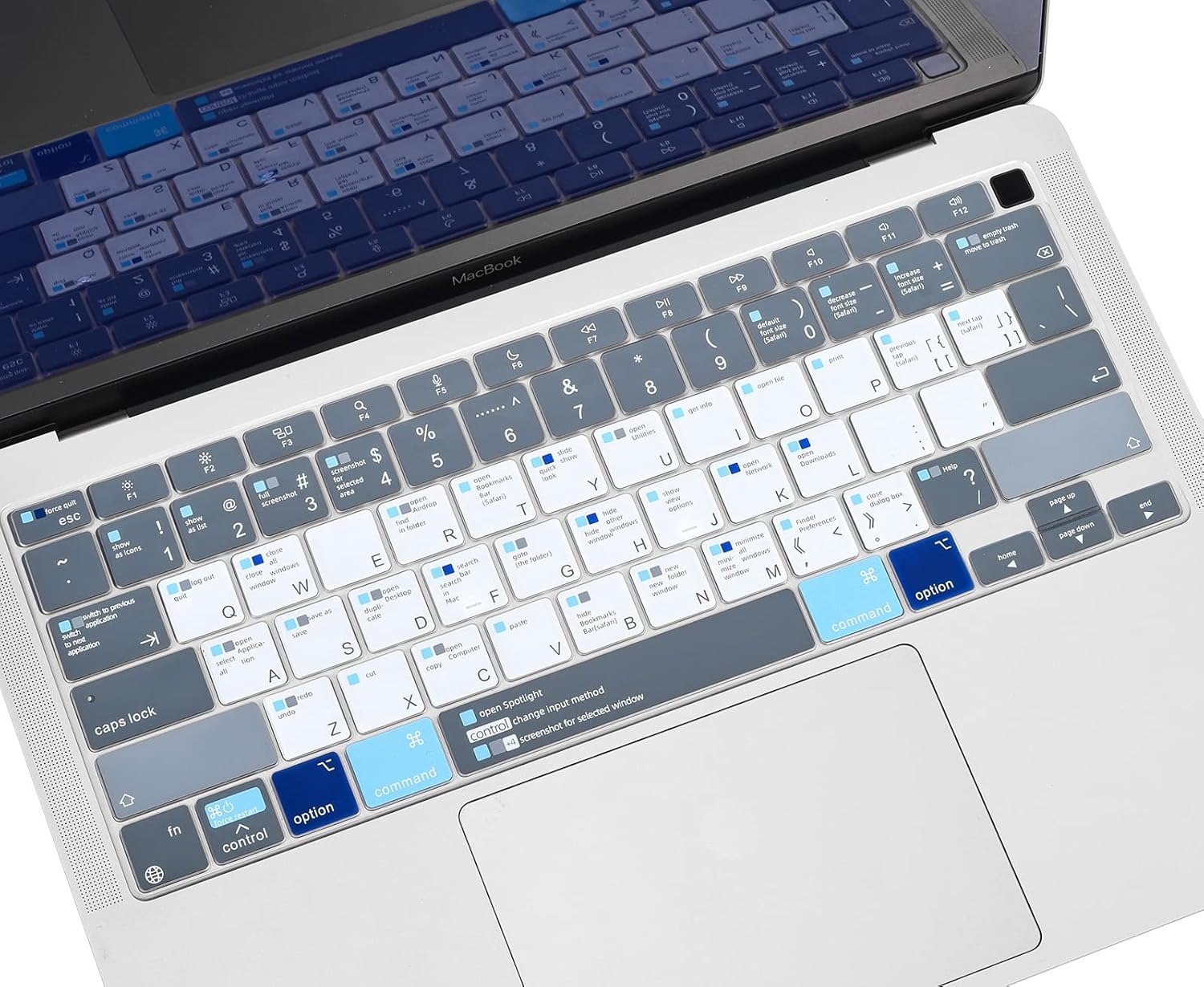 Amazon Co Jp キーボードカバー Macbook Air 13インチ 337 M1 179 Touch Id Magic Keyboard付き Macbook Air 13キーボードスキン Mac Os X ショートカットホットキー Mac Os X ショートカット ブルー ホワイト パソコン 周辺機器