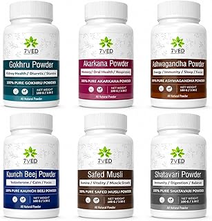 Herbal Combo Pack with Ashwagandha, Shatavari, Safed Musli, Kaunch Beej, Gokhru & Akarkara Powder – 6 x 100g Pure Ayurvedic Herbal Powder for Daily Wellness, Strength, Stamina & Vitality Support