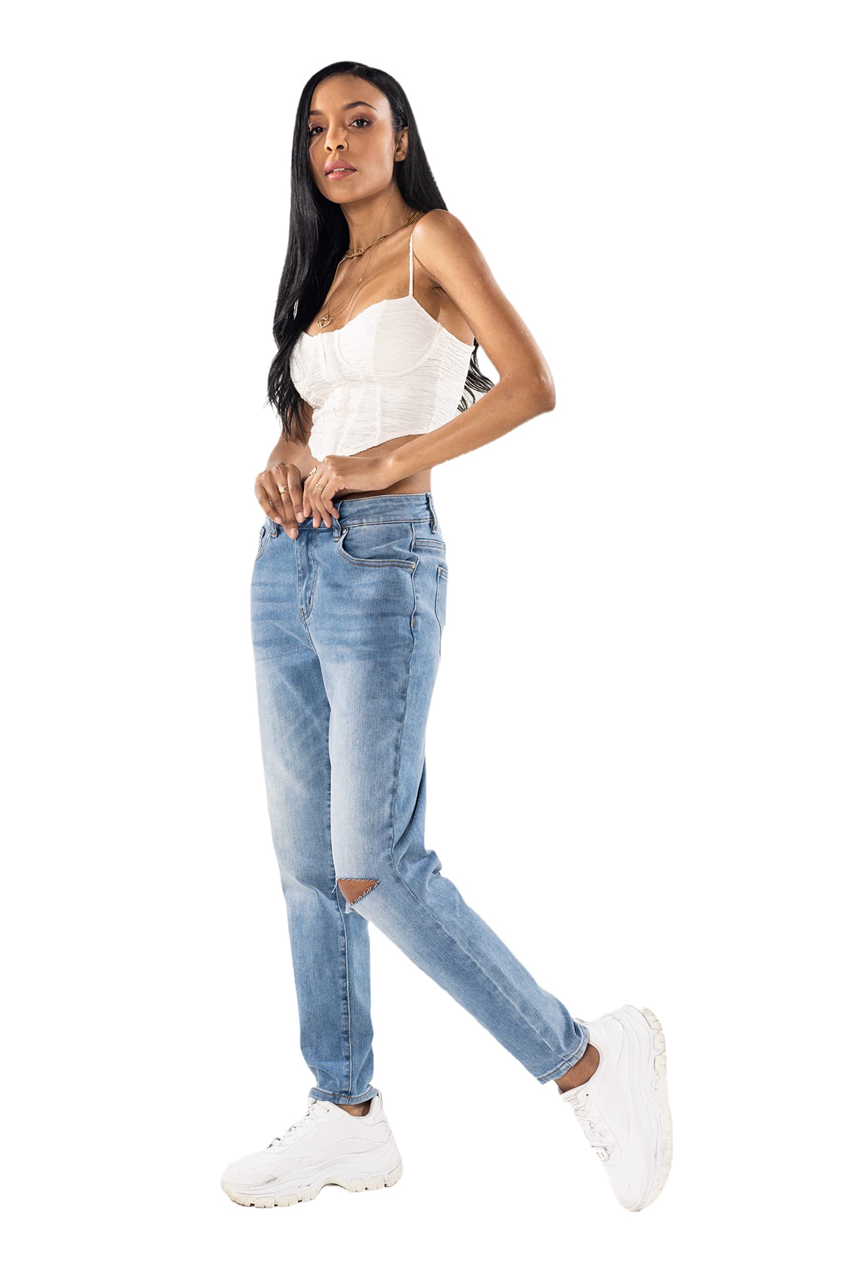 Nina Carter Damen Boyfriend Jeanshosen High Waist MOM Jeans Cutted Knee Used-Look Waschungseffekt
