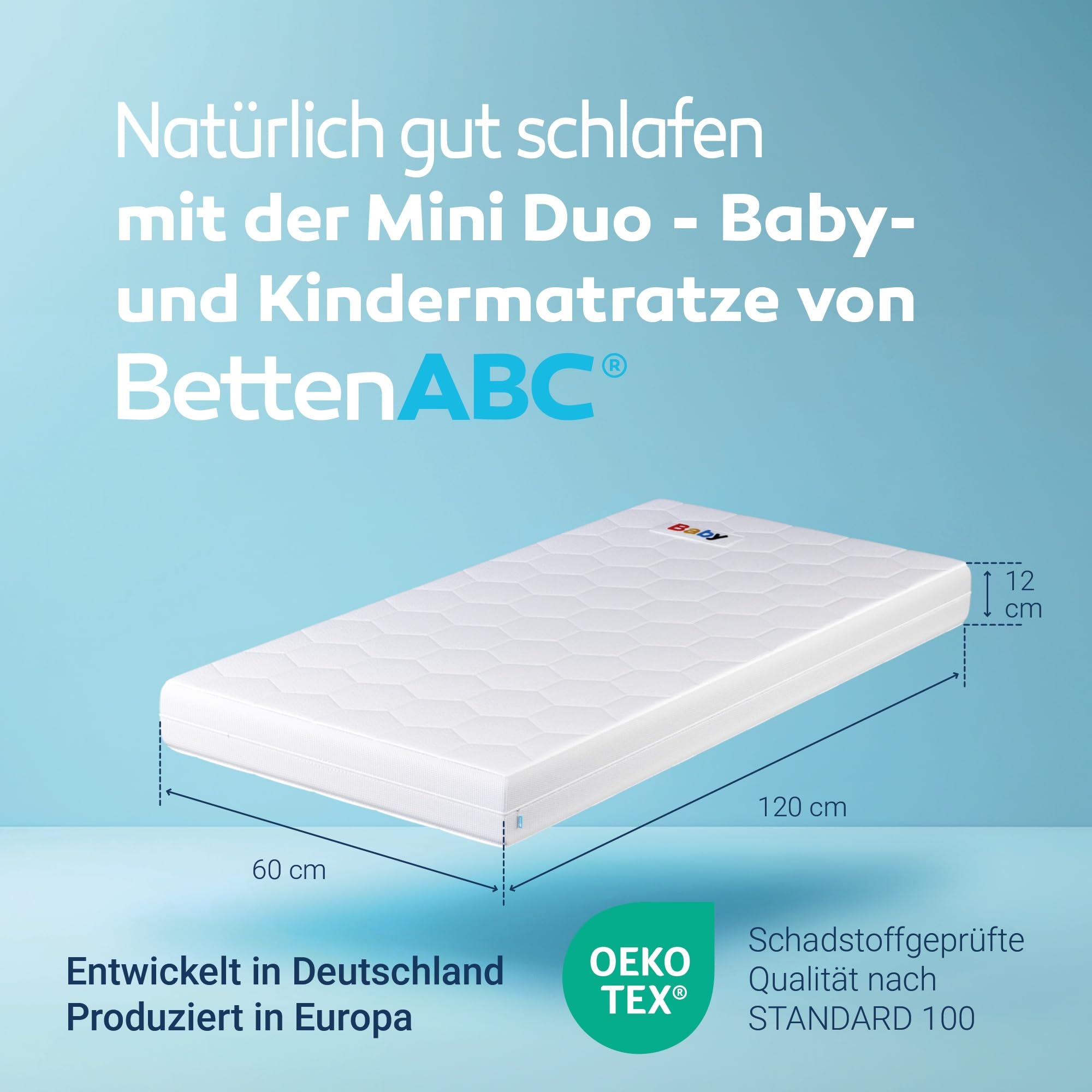 Betten-ABC - Mini-Duo - Wendematratze für Babys & Kleinkinder - 60x120 cm - mit Klimaband & 2 Liegeseiten - Oeko-TEX-Zertifiziert - Abnehmbarer & waschbarer Polyester-Bezug - Lieferung per Paket
