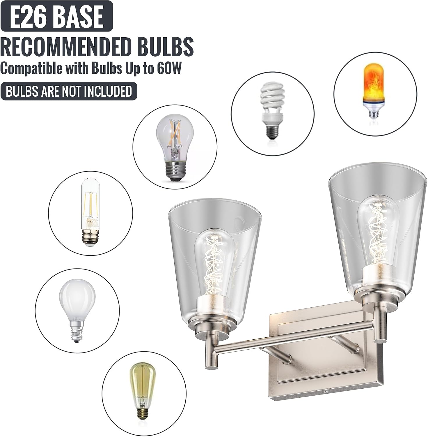 LEDMyplace 2-Lights Bathroom Vanity Light Over Mirror, Modern Wall Lights for Hallway, Bedroom, Living Room, Brushed Nickel Finish Clear Glass Shade Indoor Decorative Wall Lamp, E26 Base