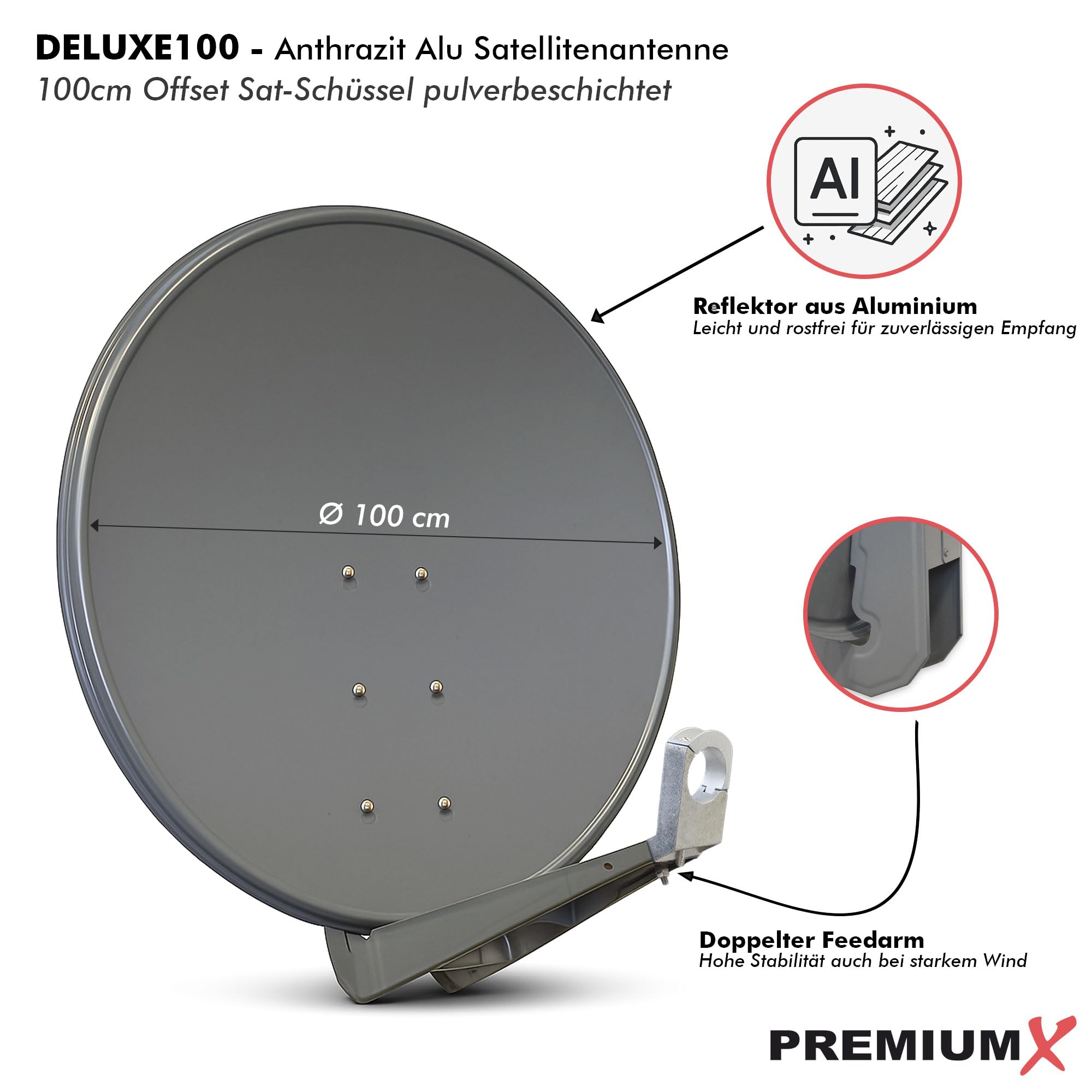 Satellitenschüssel 100cm Aluminium Anthrazit Offset Satelliten-Antenne FullHD 4K UltraHD