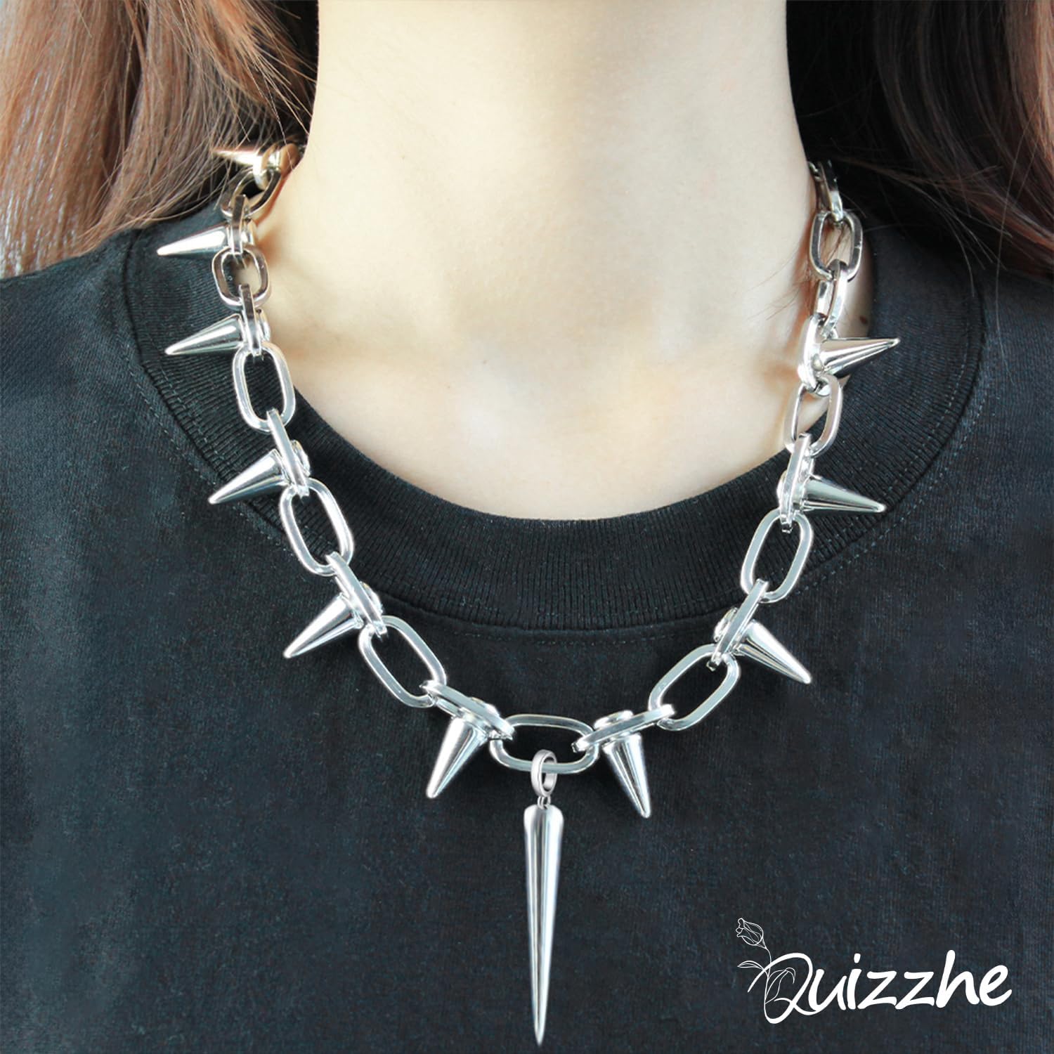 Silver Punk Spiked Chokers Necklaces Rivet Goth Necklaces Chokers with Spikes and Chain Streetwear jewelry Hard Rock Style Men Women Party Night Club Costume Accessories - Image 4