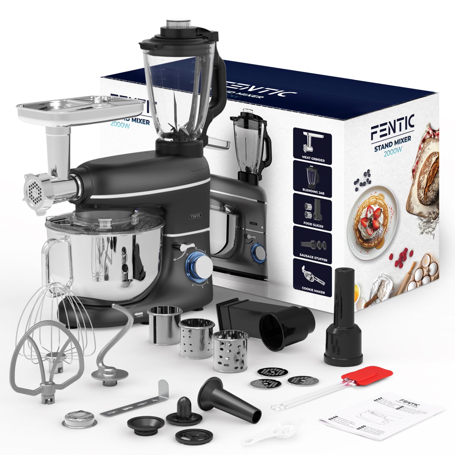 6 en 1 Robot Pâtissier – 2000W - Av. Hachoir à Viande, Mixeur 1,5L, Cutter, Accessoires – Robot Cuisine Multifonctions Av. 6,2L Bol Mélangeur, Fouet, Crochet Pétrisseur, Batteur (Noir)