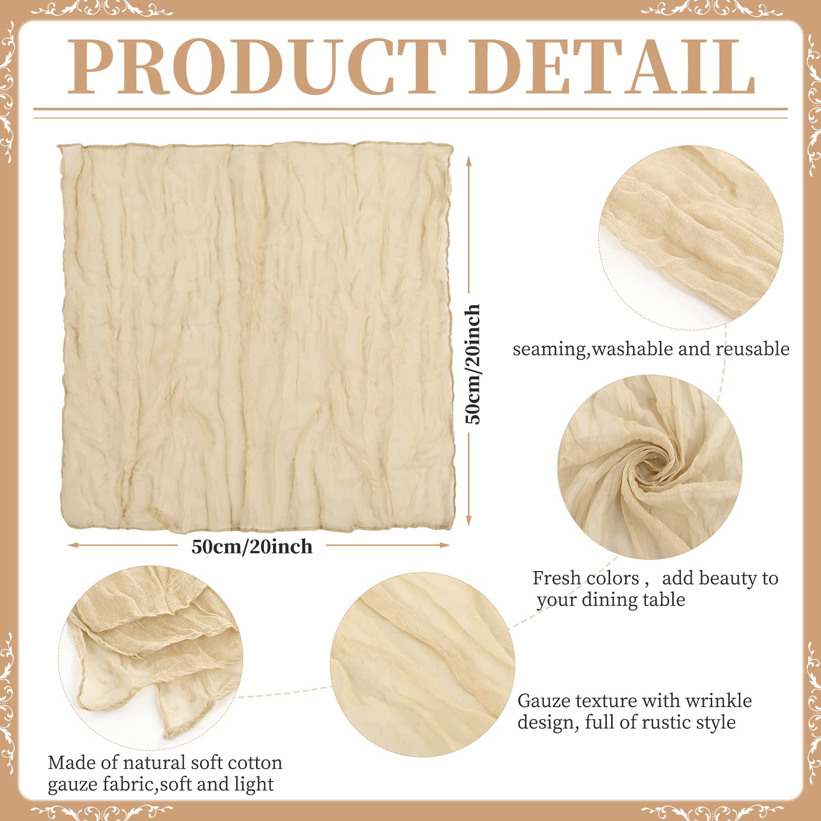 Lot de 42 serviettes en étamine froissées rustiques en lin pour mariage, dîner, famille, usage quotidien/fêtes (50,8 x 50,8 cm, beige)