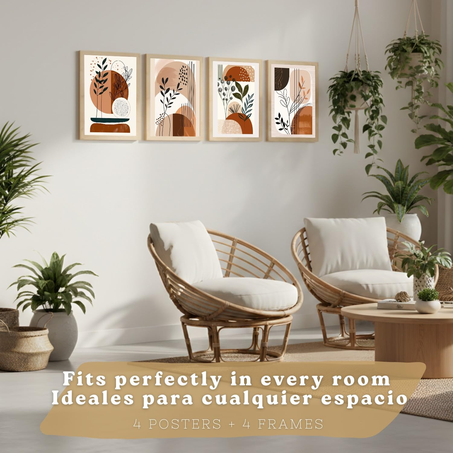 Nacnic Set De 4 Laminas Decorativas Formas Abstractas Botanicas Cuadros Salon Modernos - Posters Decorativos Plantas Marrones Decoración Dormitorios Cocina Baño A3 Marco Madera Clara