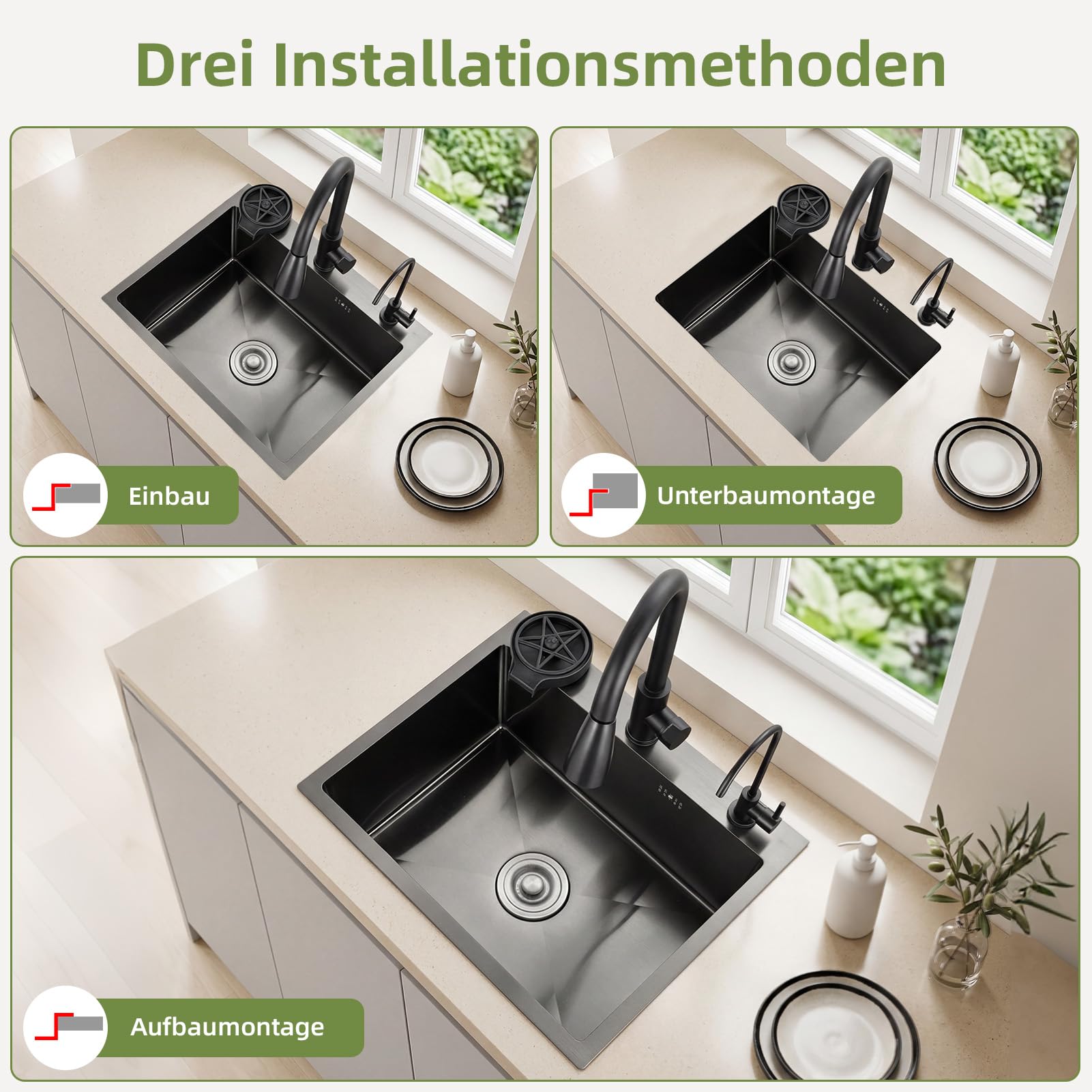 Schwarz Titan Einbecken Küchenspüle 55x45cm 3mm mit 3 Strahlmodi | 304 Edelstahl Spülbecken Set mit Ausziehhahn, Wasserfilteranschluss, Ablaufgarnitur, 3/8 Auf 1/2 Eckventile