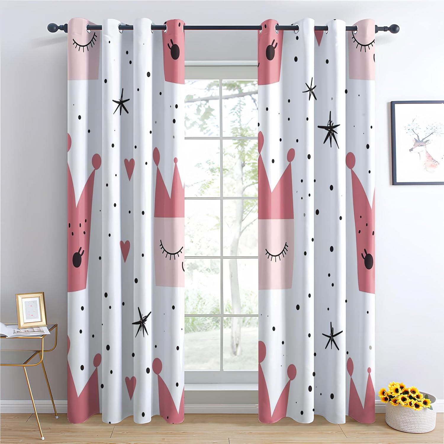 Cute crown Curtains, Love applies to girls Blackout Curtains for Bedroom, Thermal Insulated Room Darkening Grommet Drapes for Living Room, Window Treatments, 54 Inch Curtains 2 Panel Set - K&Q377