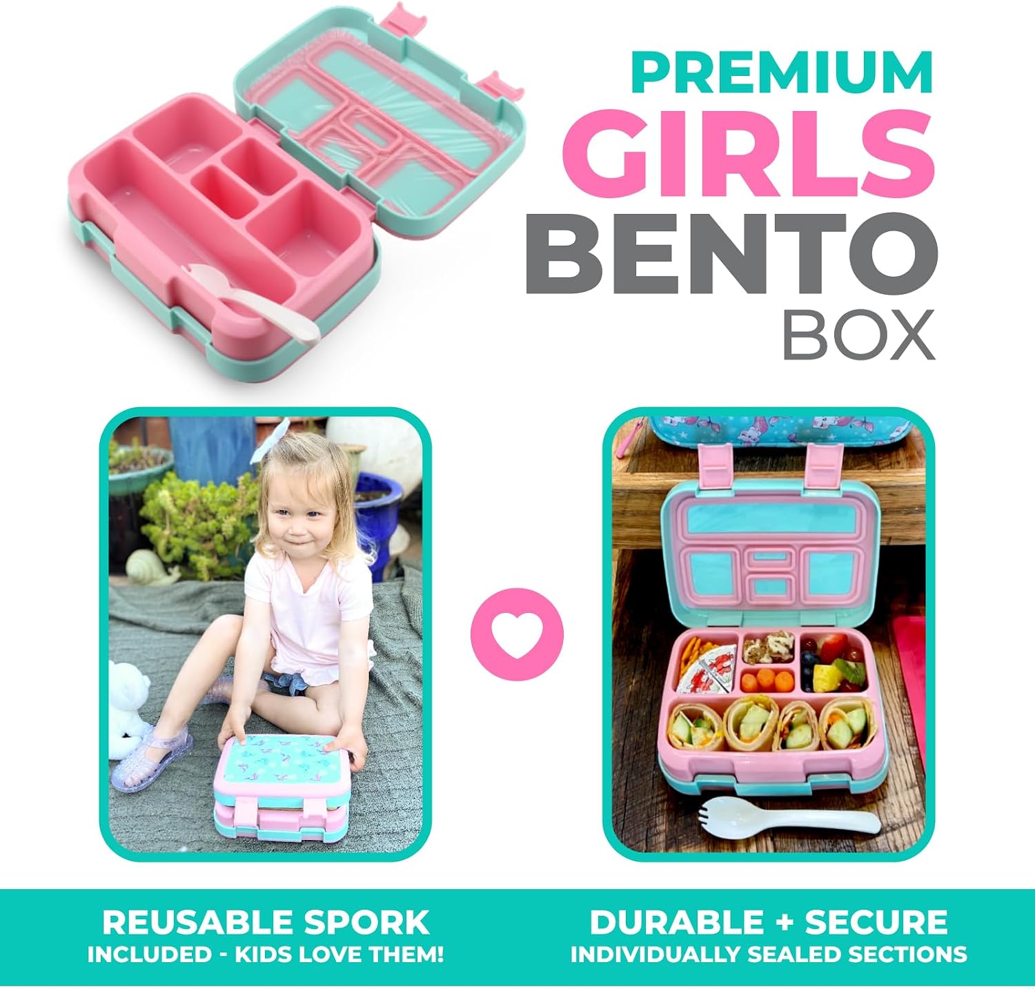 kinsho Bento Lunch Box Container for Small Kids, Boys, (Aqua Cat Mermaid) image 2