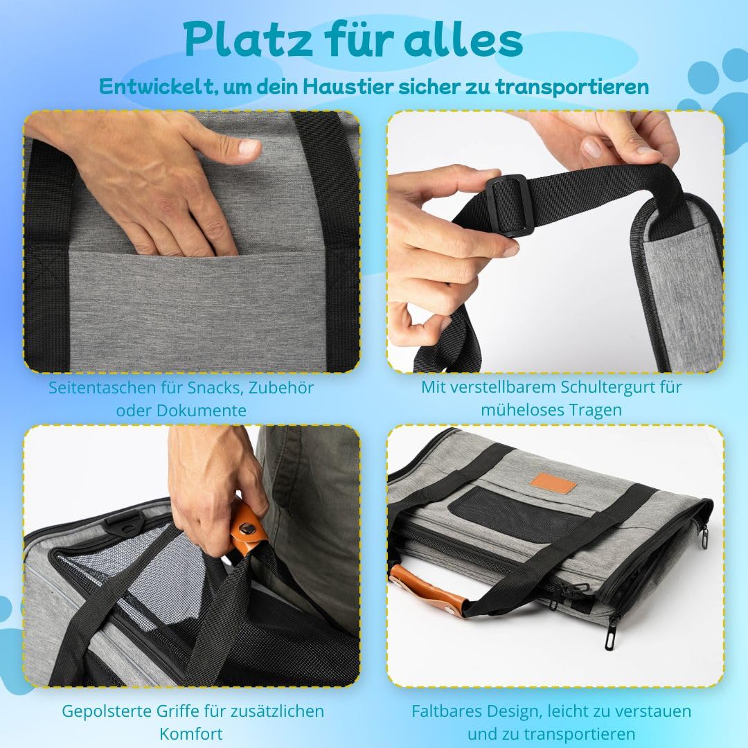 Katzen Transportboxen - Transportbox Katze und Kleine Hunde mit faltbarem Napf, Decke, Schultergurt, gepolsterter Bodenplatte - hundetransportbox Auto Faltbar und für das Flugzeug zugelassen