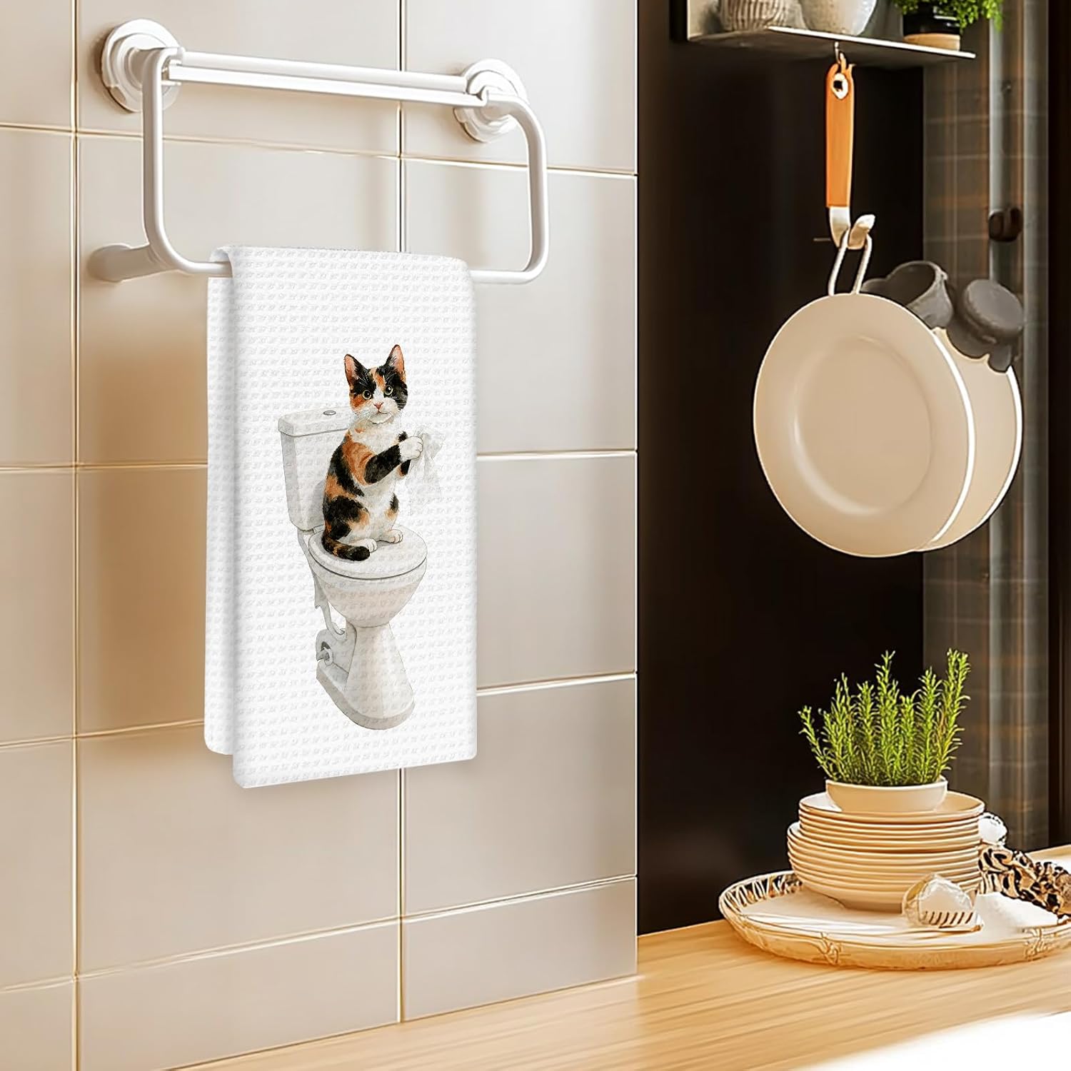Funny Calico Cat Hand Towels Set of 2, Gifts for Calico Cat Owners Lovers Women Men, Cute Kitten Pet Decor for Bathroom, Funny Pet Owners Toilet Hand Towels for Bathroom Washroom, 16x24In image 2