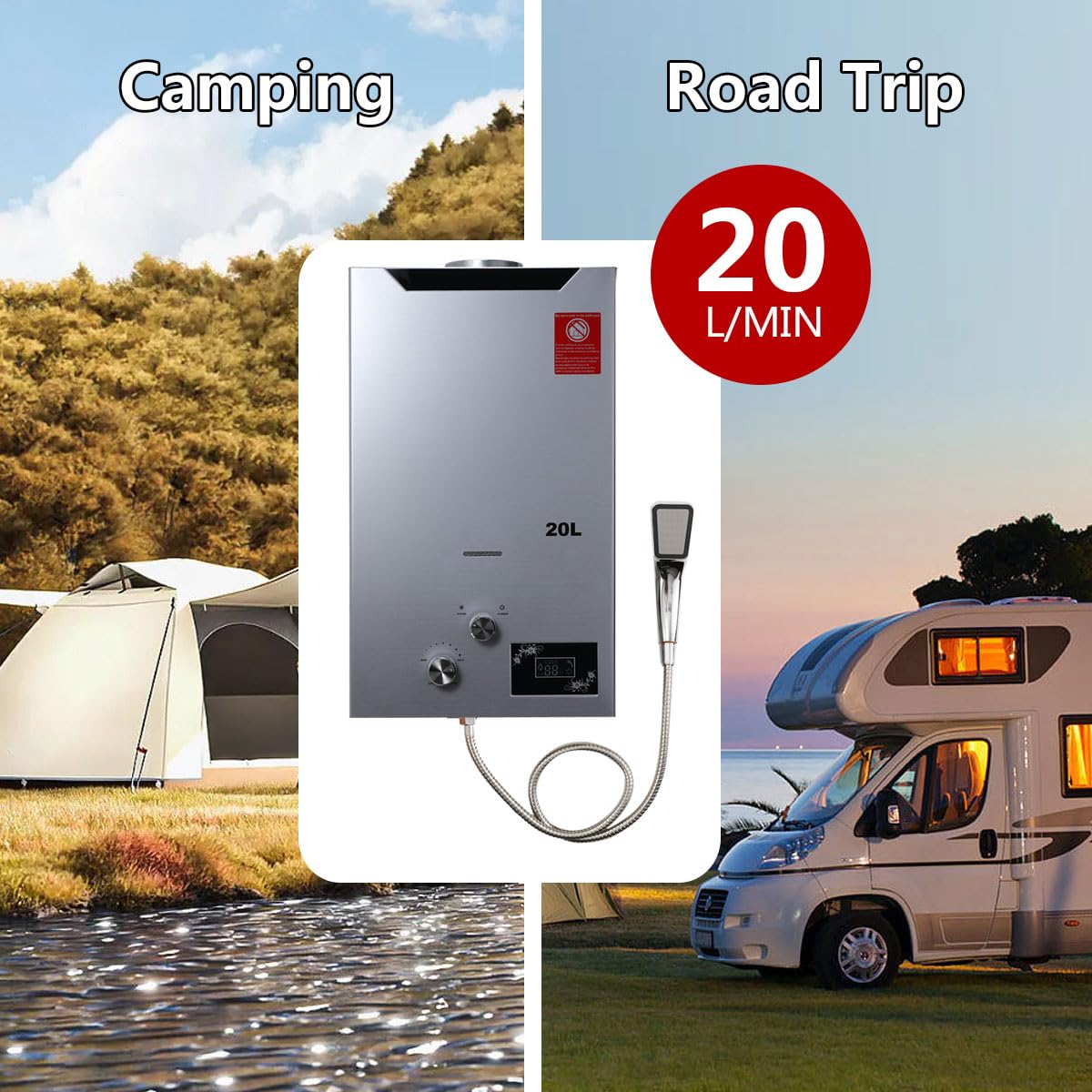 Tragbarer Gas Durchlauferhitzer 20L 40KW Propangas Campingdusche mit Gasdruckminderer für Dusche im Außenbereich Warmwasser Camping Dusche LPG Warmwasserbereiter Warmwasser Tankless Instant