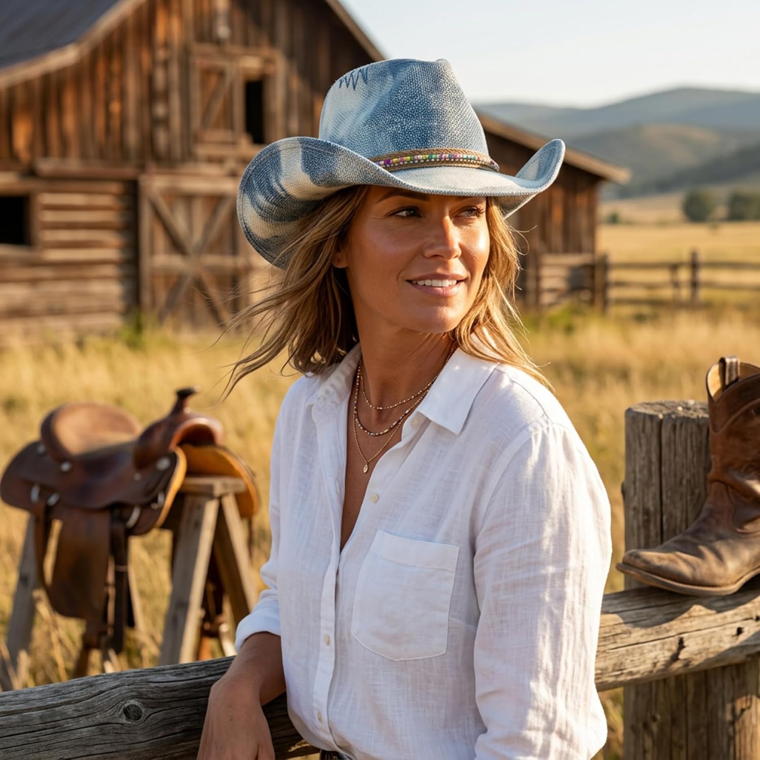 Denim Cowboy Hat for Women, Unique Tie-Dye Western Hat with Beaded Trim, Lightweight Breathable Cowgirl Hats for Outdoor