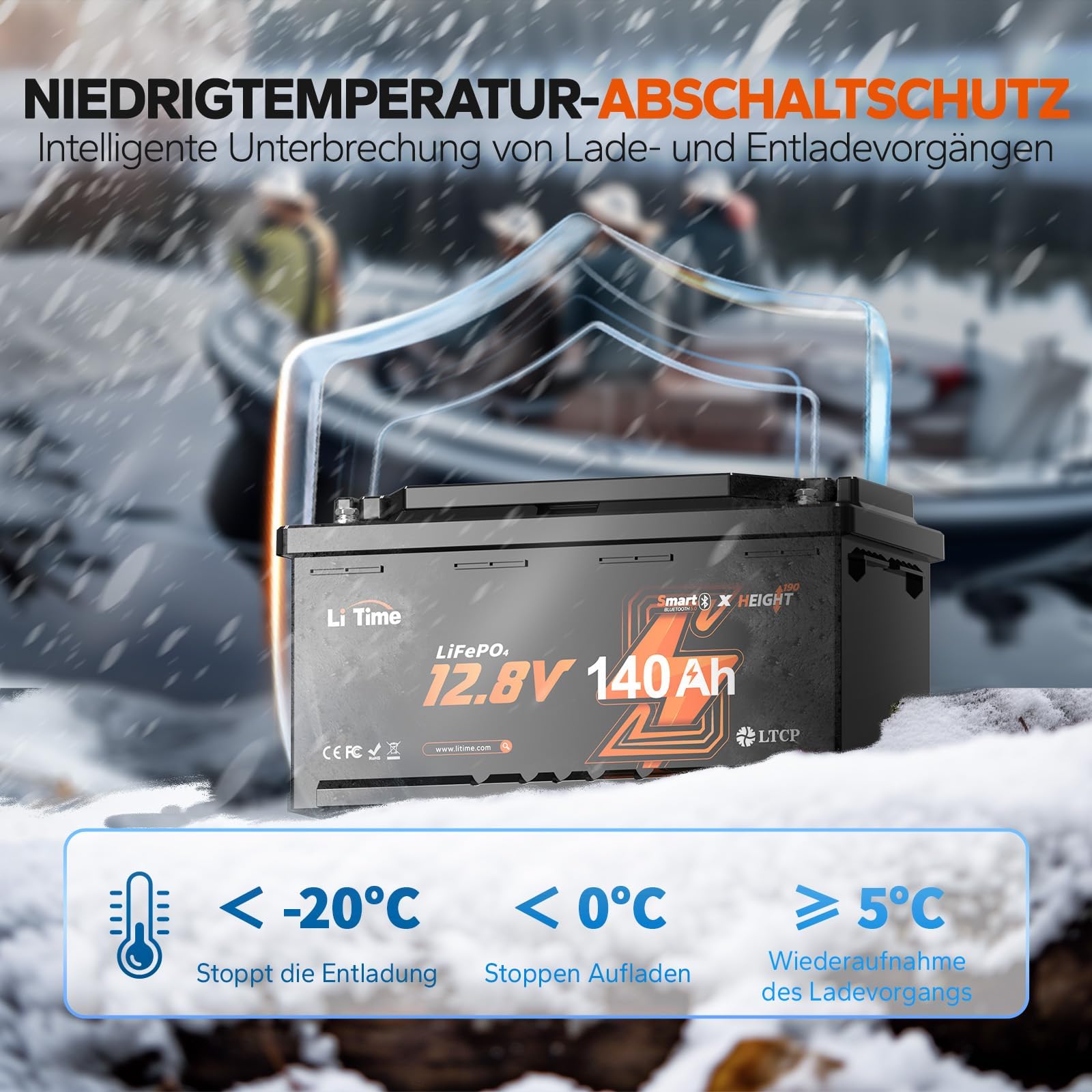 LiTime LiFePO4 12V 140Ah H190 Lithium Batterie Bluetooth, Upgrade 150A BMS mit Niedrigtemperaturschutz, 1792Wh Energie, Max. 15000 Deep Cycle Batterie für Wohnmobile, Boot, Off-Grid, Camping