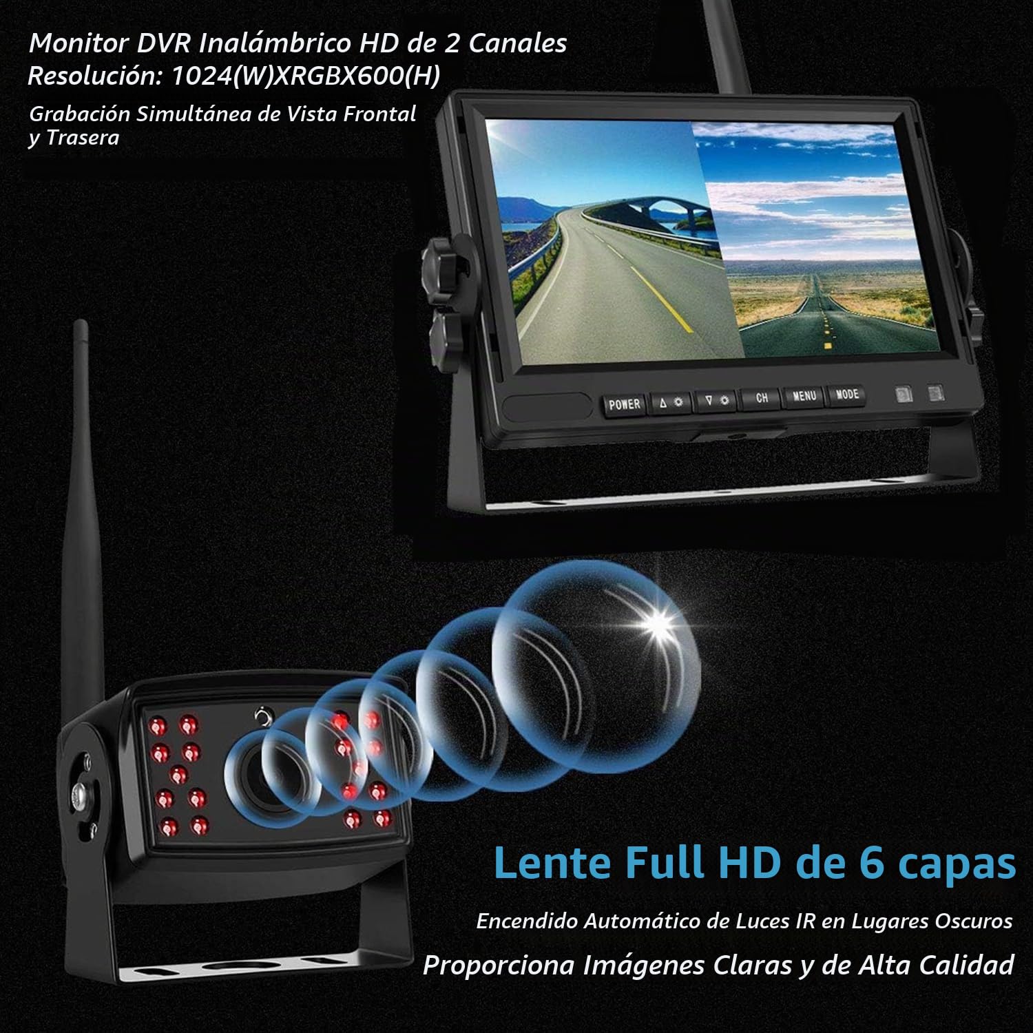 Cámara Trasera Inalámbrica para Camión, Kit Cámara Marcha Atrás Camión 24V DVR AHD, Monitor IPS 7'' Grabación Multicanal, Cámara Trasera para Camión, Visión Nocturna