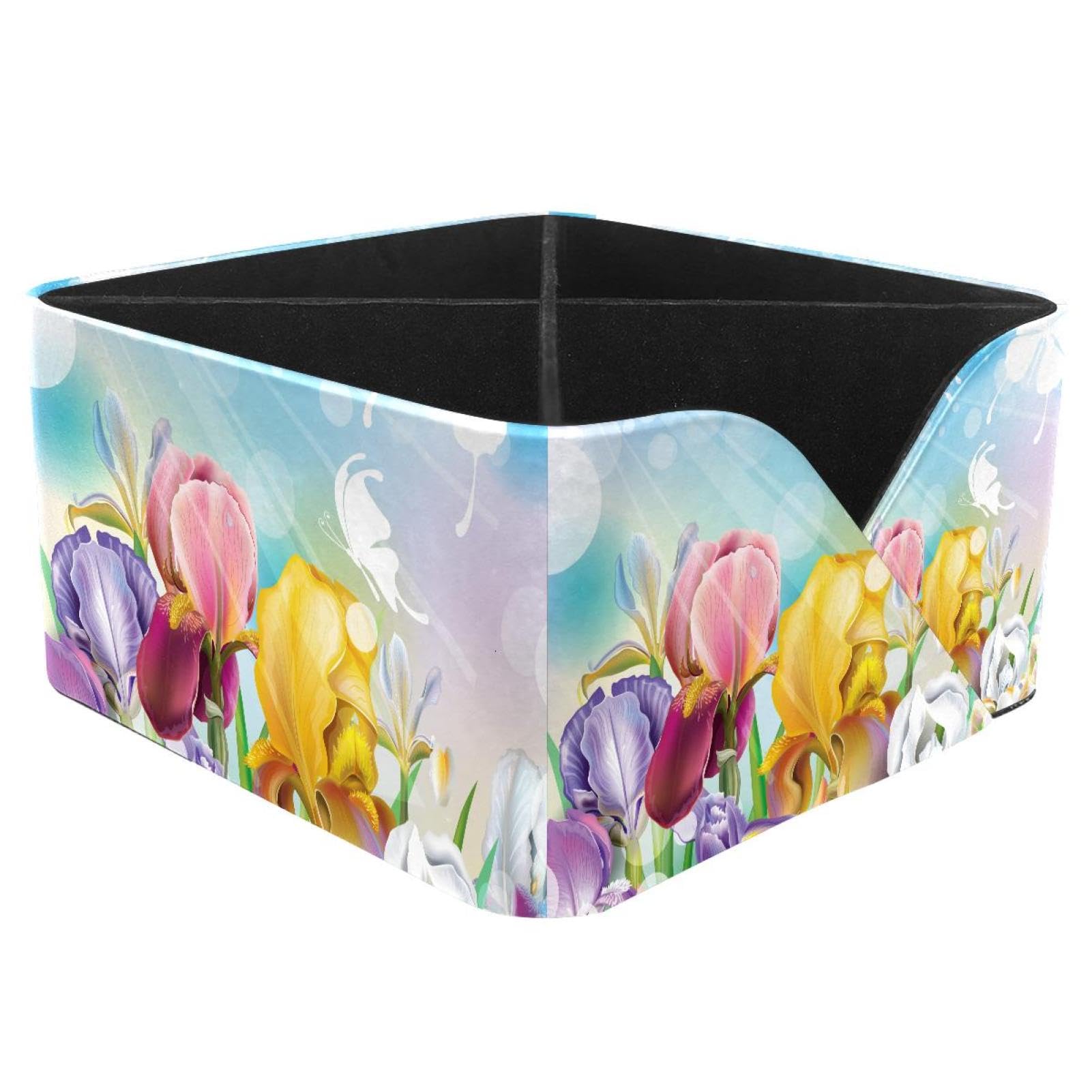 KengjuTesu Iris Flower with Butterflies Desktop Organizer Pen Holder, Rectangular Pencil Cup for Office, Study and Makeup Stations