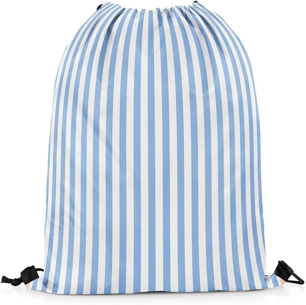 Blue Striped Drawstring Gym Bag 13"X23"Neutral Vertical Striped Foldable Waterproof Drawstring Backpack,Geometric Modern Abstract Draw String Back Bags for Shopping,Vintage Aesthetic Sackpack for Yoga