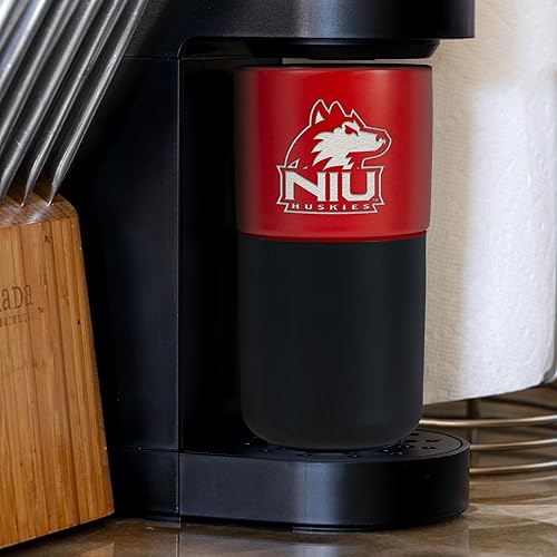 Miniatura 356 de Rico Industries NCAA Miami of Ohio Redhawks - Vaso de cerámica de 16 onzas con agarre de silicona, grabado láser profundo, diseño de color negro
