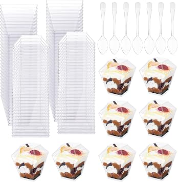 100 Pack 2oz Mini Dessert Cups with Spoons and Lids, Plastic Clear Parfait Cups with Lids, Reusable Serving Bowl Shooter Cups for Party Pudding Fruit and Ice Cream Appetizer