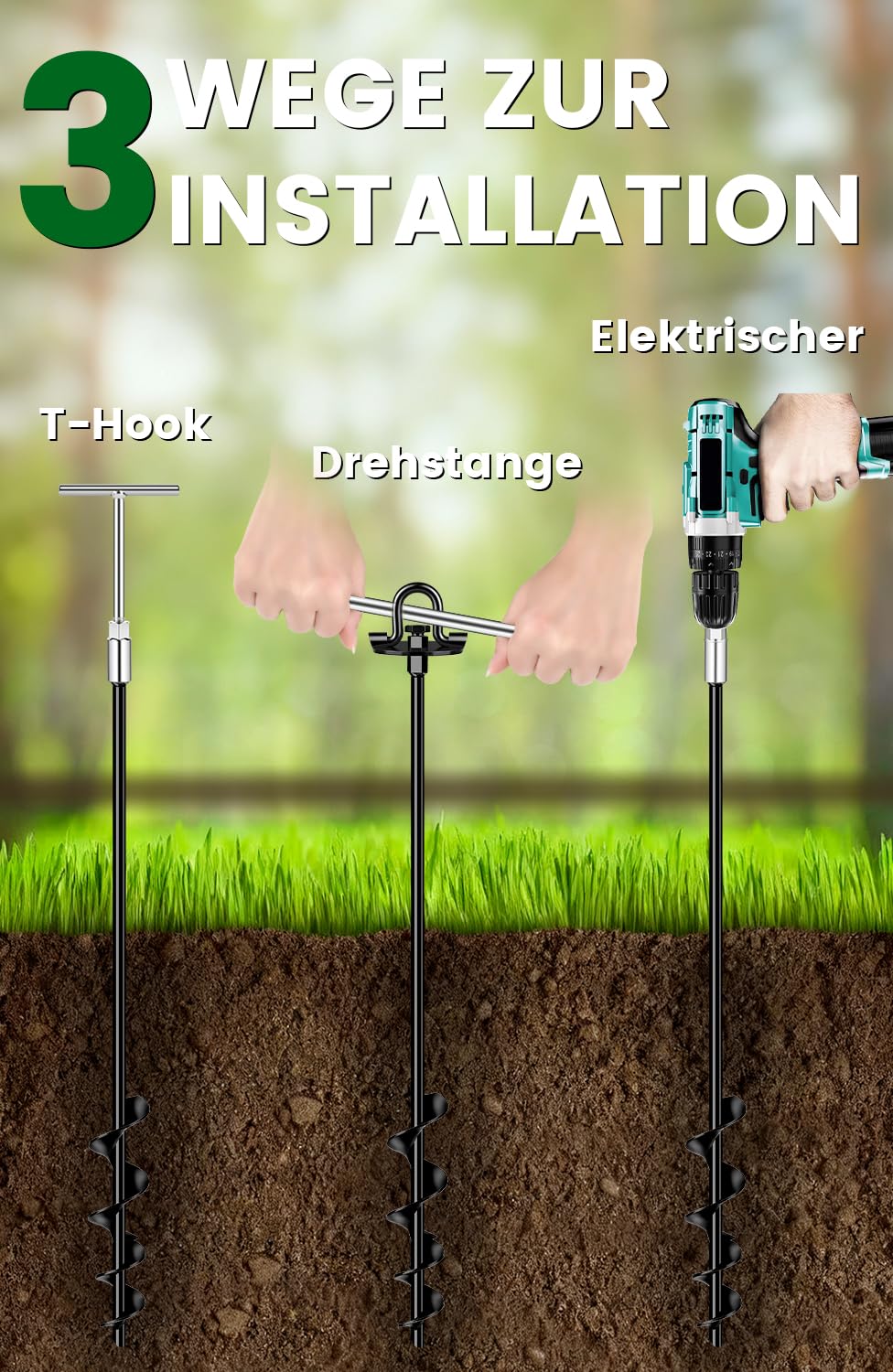 Erdanker Schwerlast 4 Pack (65cm)– Trampolin Erdanker für Garten, Schuppen & Schaukel, Spiral Bodenanker mit versteckter Öse, Rasenmäherfreundlich, Montage mit Bohrmaschine oder T-Griff, Sturmfest