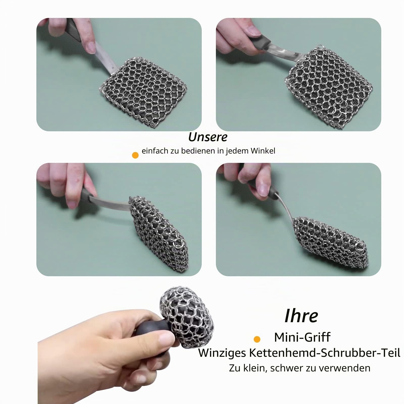 Gusseisen-Reinigungsset Kettennetz-Schrubber + Pfannenschaber – langer Griff 316 Stahl Kettenbürste zum Reinigen von Pfannentopf, Bratpfanne, Metallschrubbebürste, Kohle-Dutch Oven Scrubber Bürste