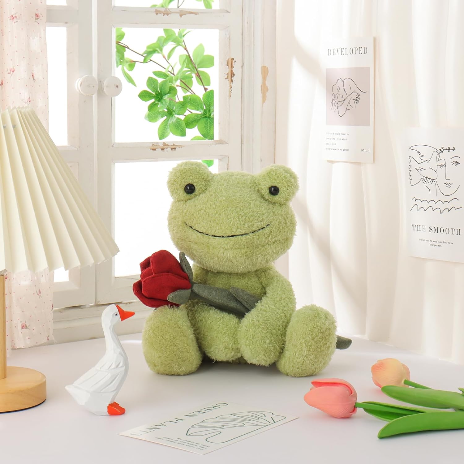 Apricot Lamb Toys Plush Velvet Green Frog with Rose Stuffed Animal Soft Cuddly for Kids Girlfriend 9 Inches