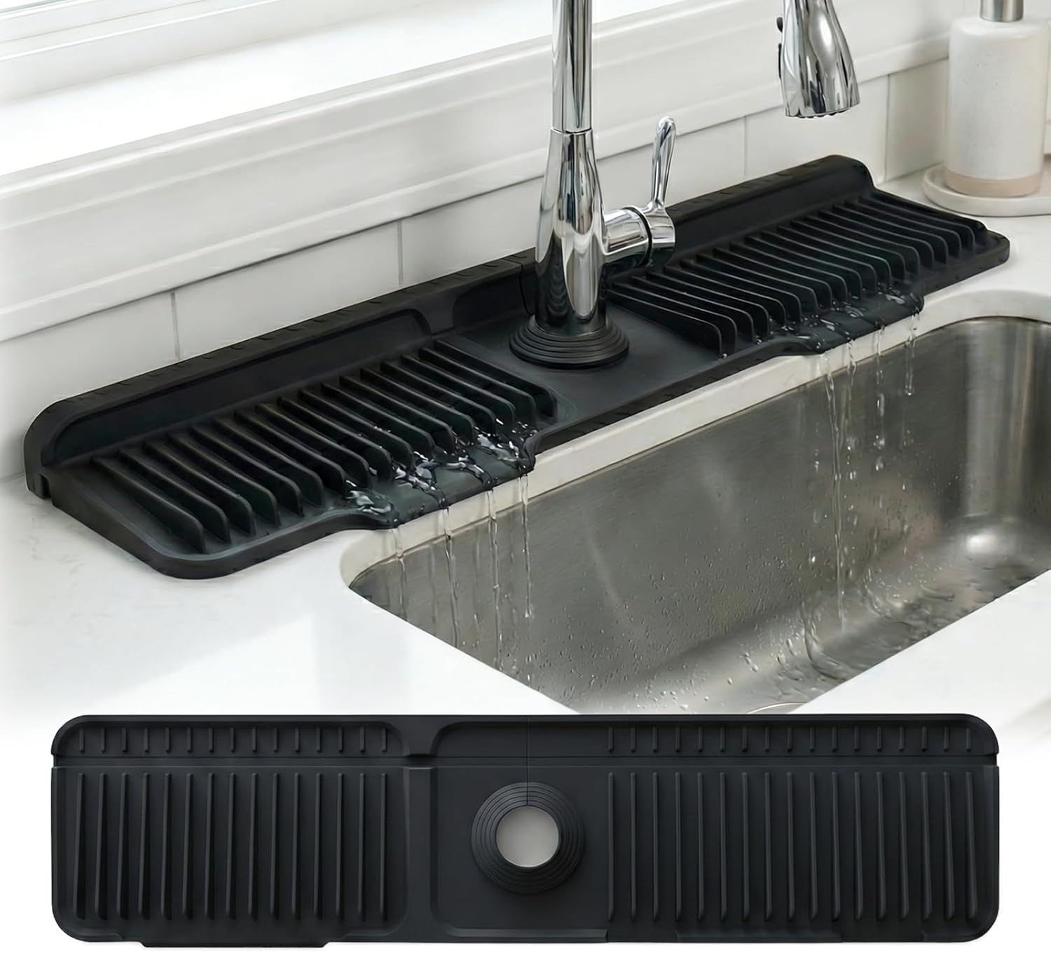 Silicone Faucet Mat for Kitchen Sink, 24" Splash Guard 7° Slope Fast Drain | Adjustable hole cutout for easy install, fits kitchen & bathroom sinks; food-grade silicone, easy to clean, keeps counter dry