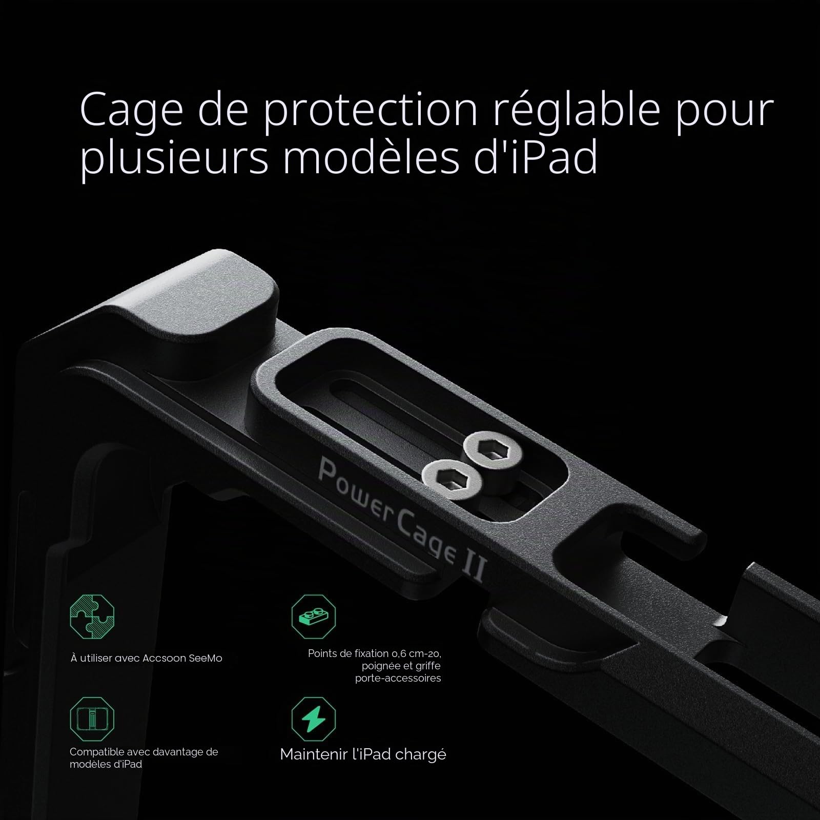 Accsoon PowerCage Pro II 12.9 Pouces Compatible avec iPad Pro Gen 3-6 pour Surveillance, Fonctionne avec l'adaptateur de Plaque de Batterie NP-F, Cage Longueur 279-29mm, Largeur 214-231mm