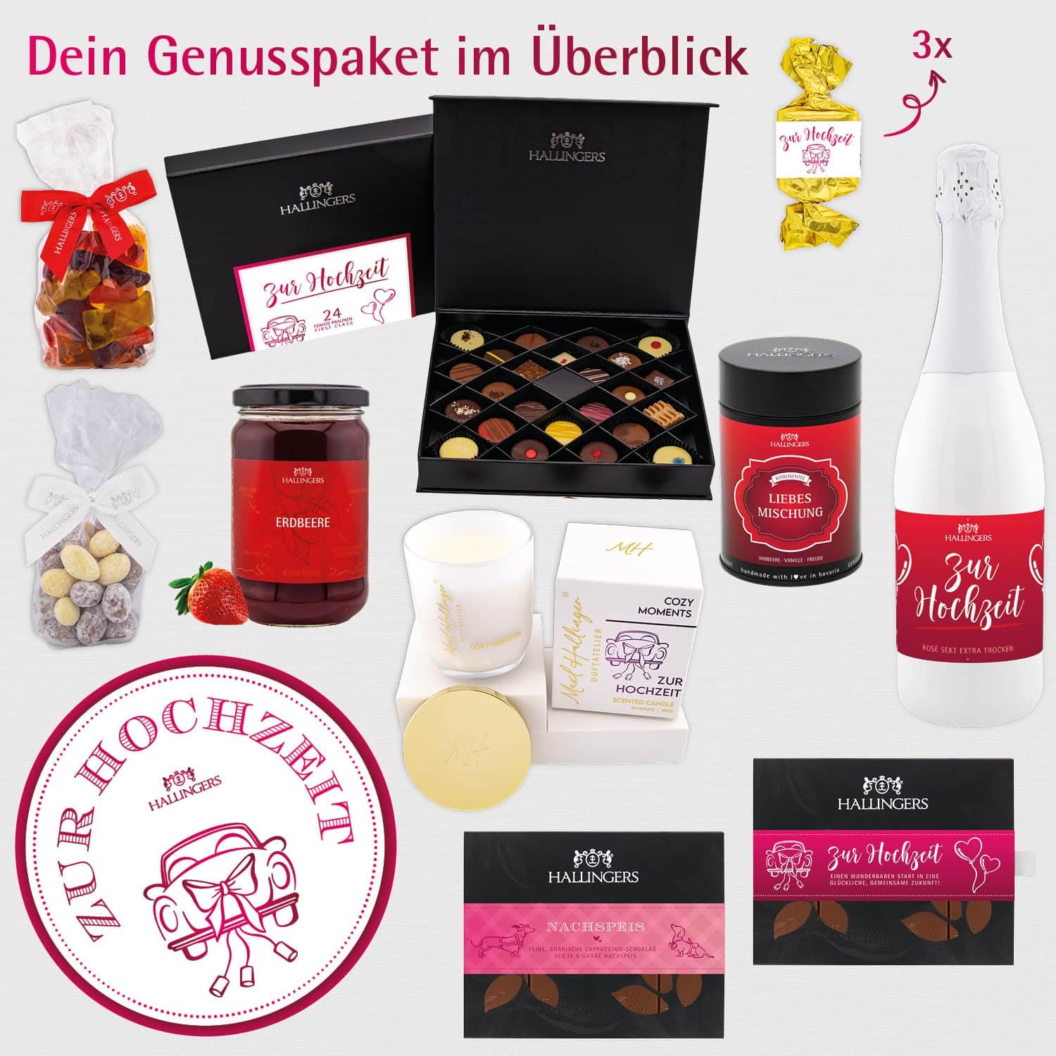Hallingers Genuss Manufaktur Feinkost Liebes-Geschenk-Set - XXL-Geschenkkorb "Zur Hochzeit" großer Hochzeitsgruß Sekt, Nougat, Konfitüre, Tee, Duftkerze, Schoki & mehr, Geschenkidee für Brautpaar