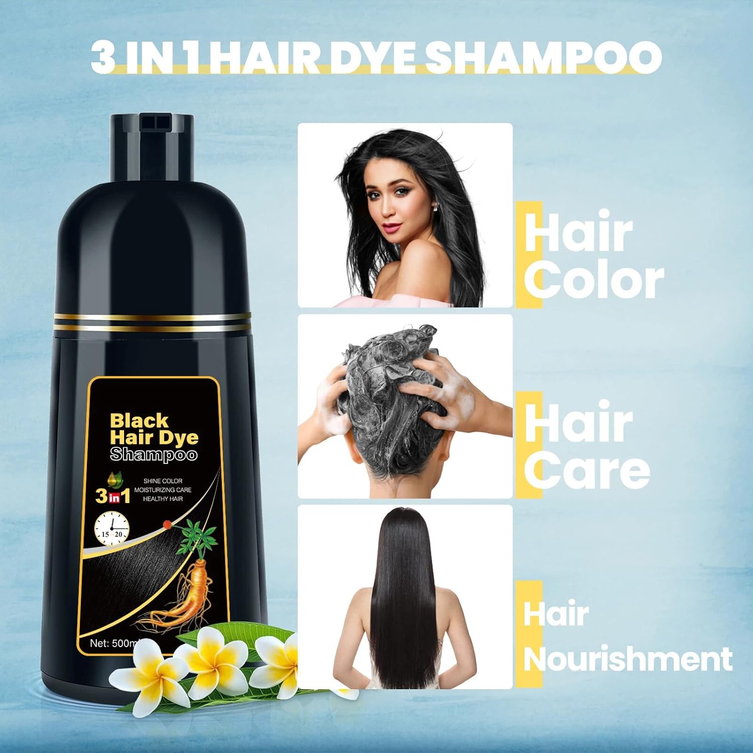 Black Hair Dye 3 in 1 Shampoo for Gray Hair, Herbal Ingredients for Women&Men, Dye in Minutes/Semi-Permanent/(17.6 FL OZ) - Image 3