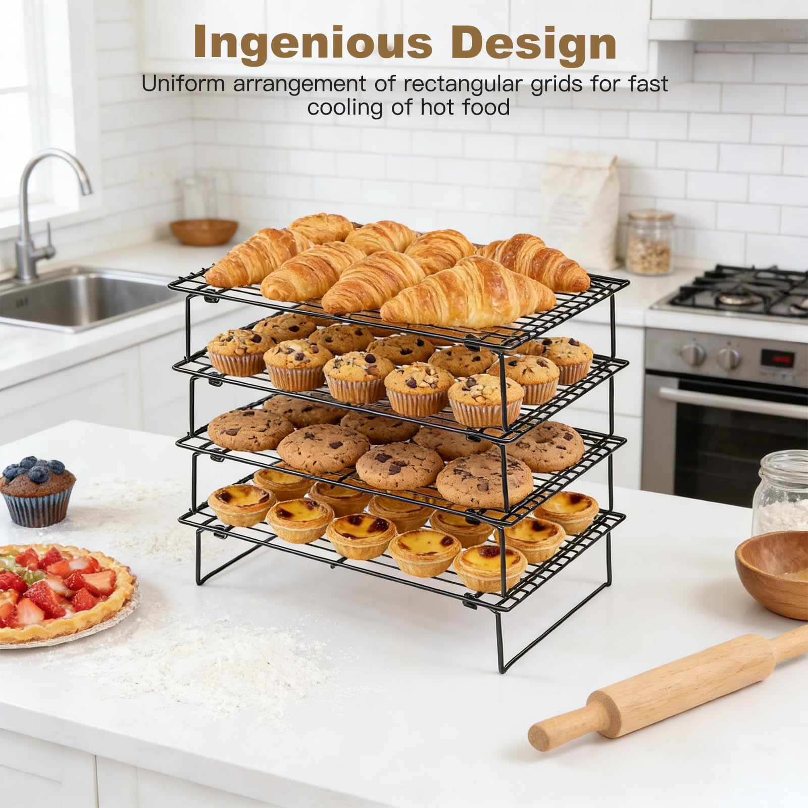 4 ripiani refrigeranti per cucinare e cuocere, 4 ripiani, griglia di raffreddamento pieghevole, 26 x 41 cm, lotti di biscotti freschi, antiaderente e senza BPA, forno e lavabile in
