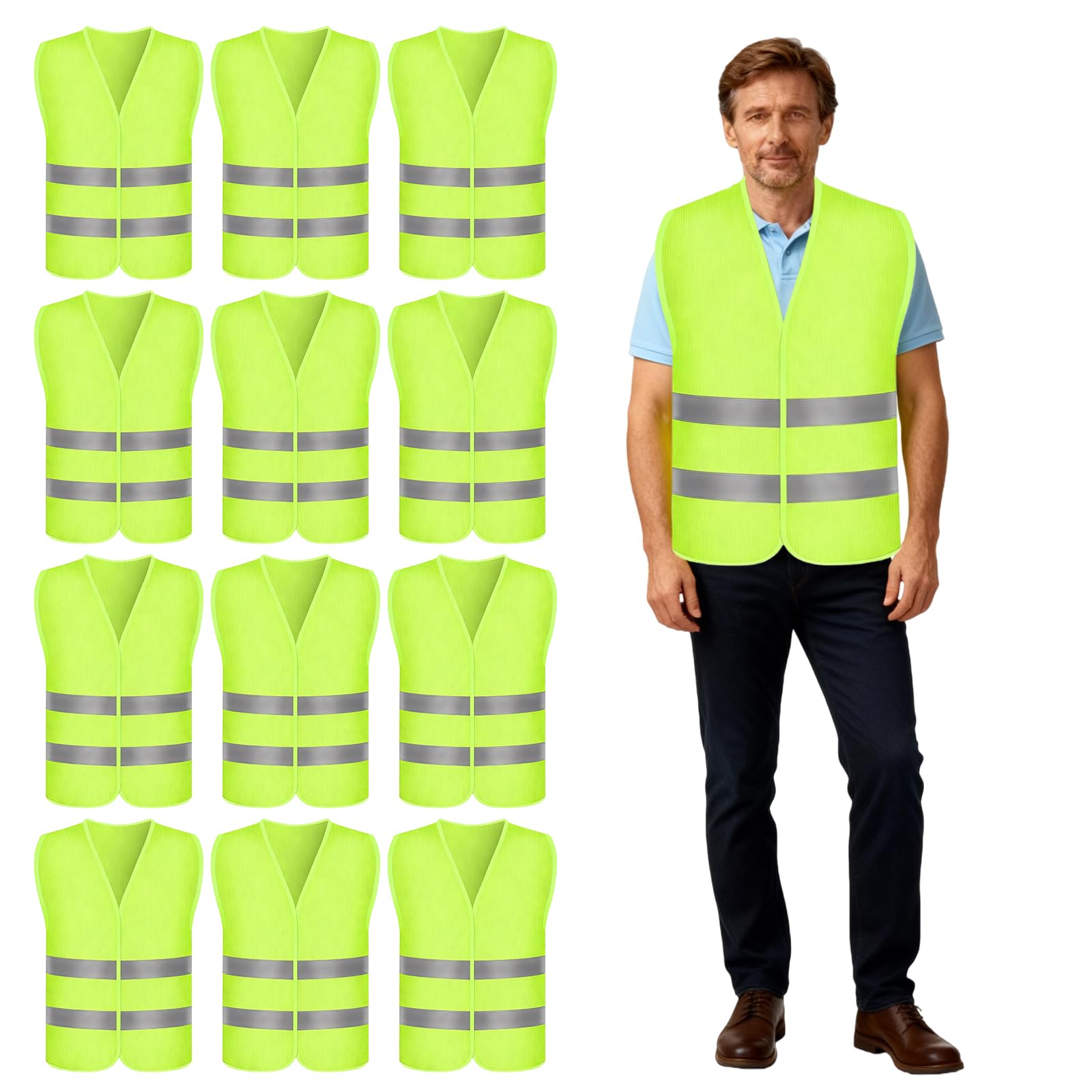 12 giubbotti di sicurezza per auto, giubbotto di sicurezza verde, giubbotto di sicurezza leggero, gilet catarifrangente, per uomini e donne, per lavori di emergenza stradale, corsa e ciclismo, taglia