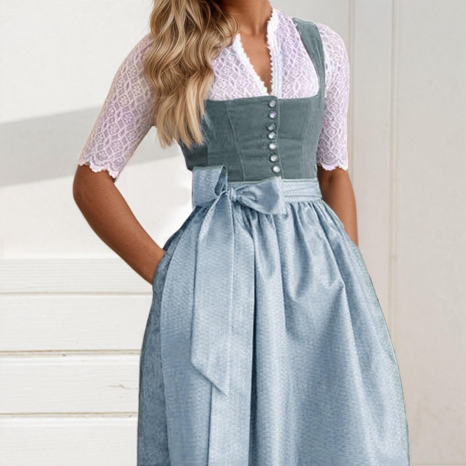 Generisch Dirndl Damen Midi Kleid - Trachtenkleid Lang Trachtenrock Trachtenmode Dirndlbluse Dirndlschürze 3 Teilig Für Oktoberfest Grosse Grössen Kleid Outfit Dirndl Schürze Spitze Dirndlkleid