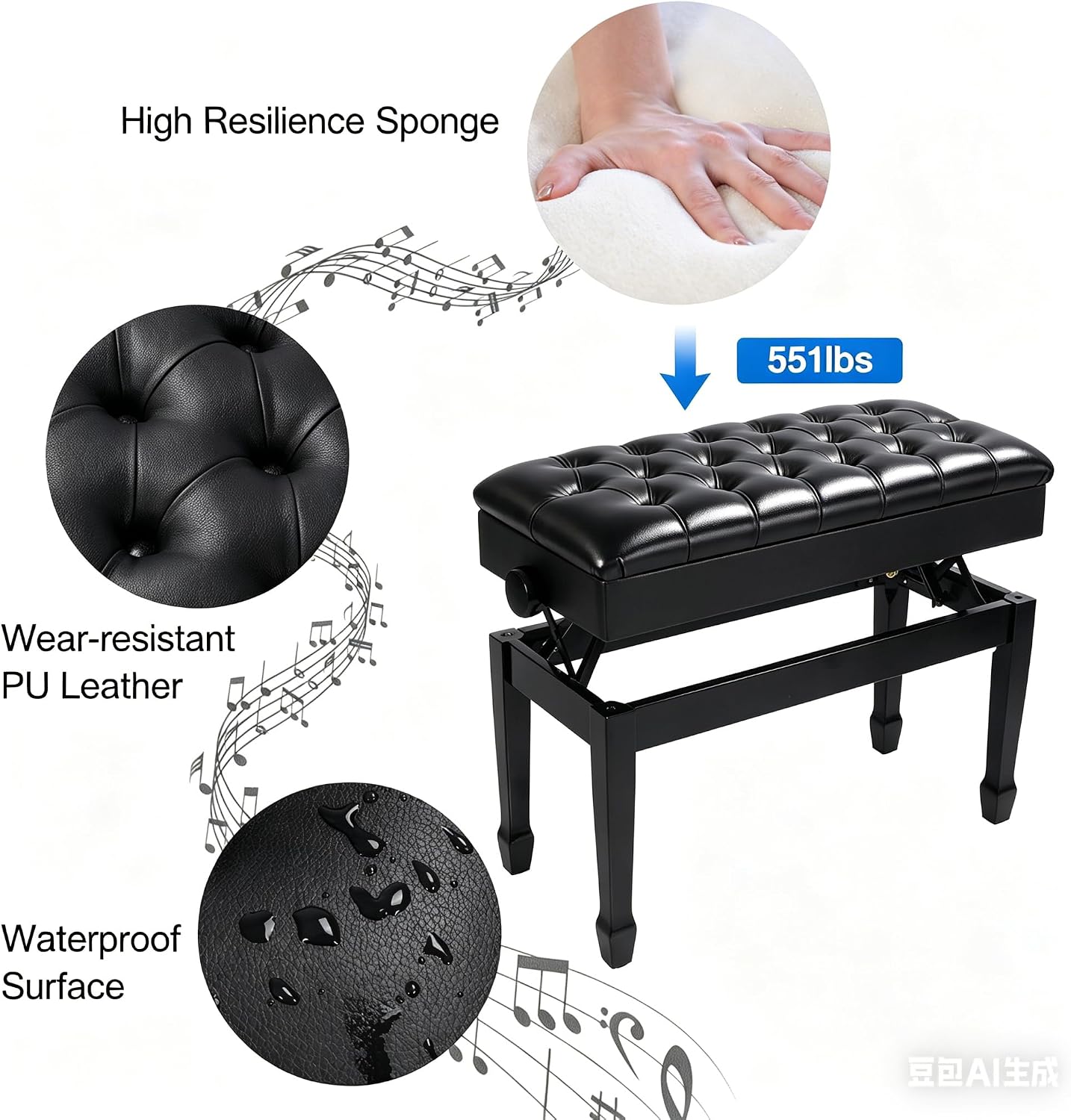 Adjustable Duet Piano Bench with Storage, 19-23"H Double Keyboard Stool | 551 lbs Heavy Duty Glossy PU Leather Solid Wood Seat for Home Office & Music Studio, Black thumbnail