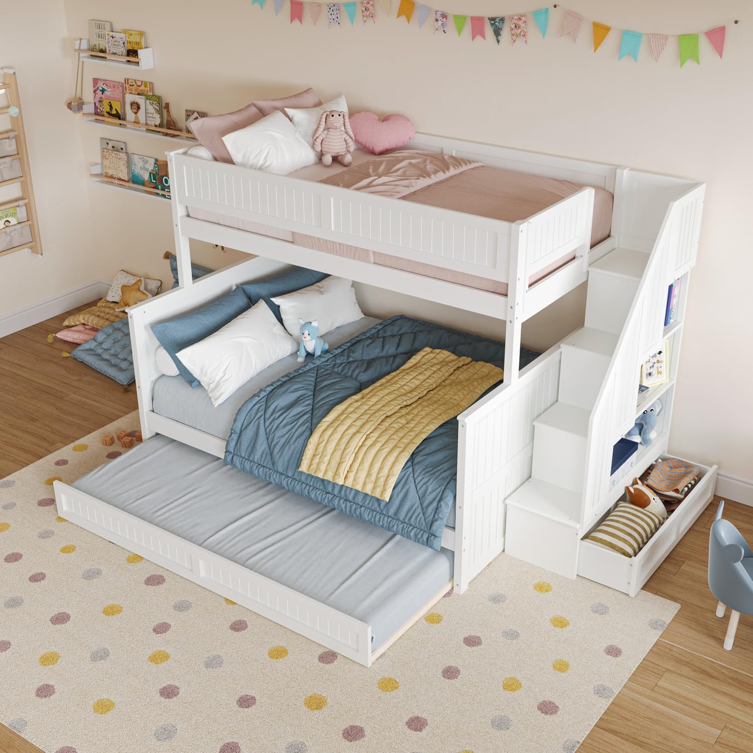 HomeStock Staircase Bunk Bed with Twin Trundle & Storage Drawer White/Twin Over Full