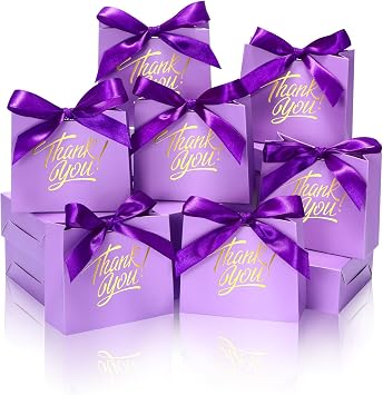 30 Pack Small Thank You Gift Bags, 4.5x1.8x3.9in Party Favor Bags with Bow Ribbon, Mini Paper Gift Bag with Gold Foil Printed, Purple Treat Boxes for Birthday Wedding Bridal Baby Shower