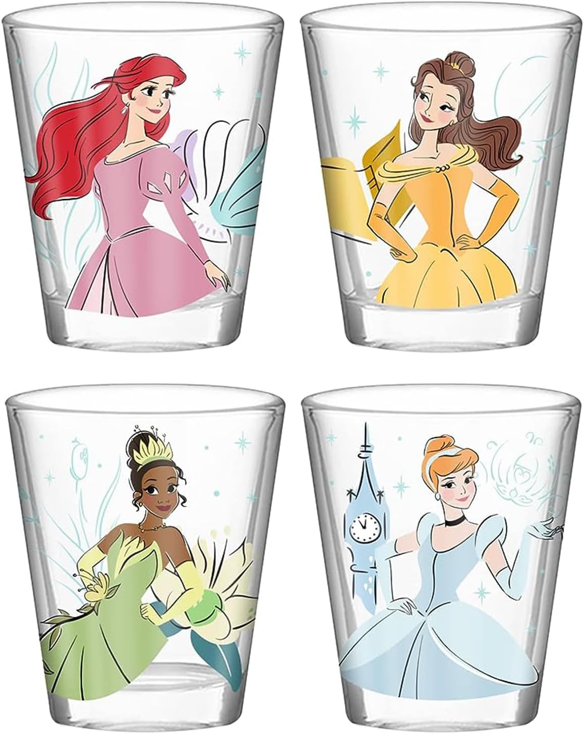 Disney Princess Icon Sparkle Line Up 4-Pack Mini Glass Set, 1.5 Ounces