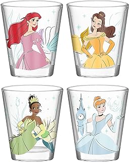 Silver Buffalo Disney Princess Featuring Ariel, Belle, Tiana, and Cinderella 4 Pack Mini Glass