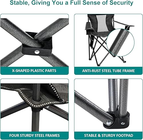 Miniatura 6 de Silla de camping plegable para exteriores con soporte para tazas, bolsa de almacenamiento, pies grandes antideslizantes, capacidad de 325 libras,