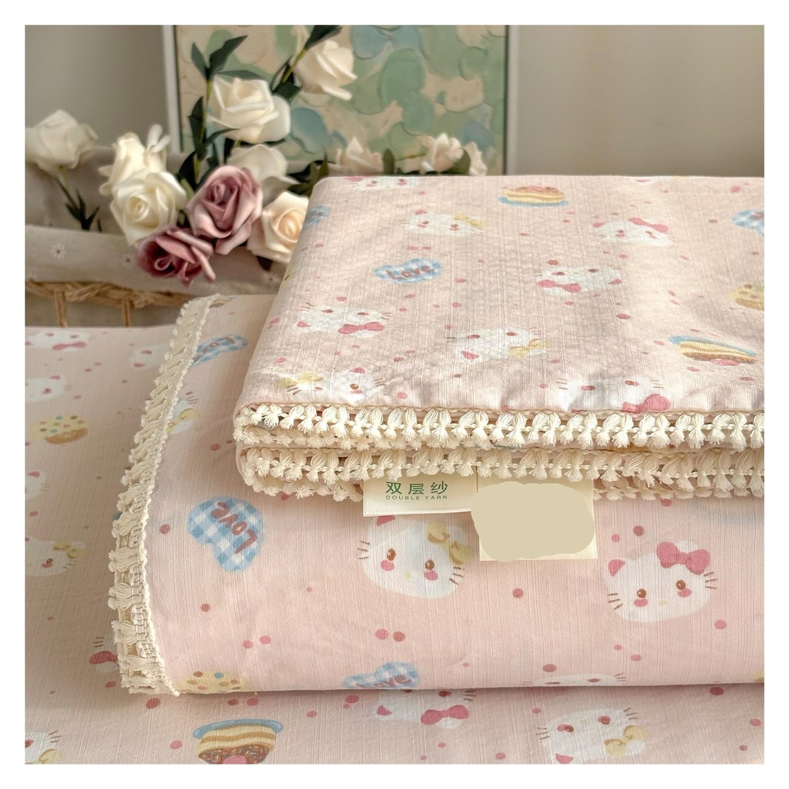 YGMNQAL Spring Summer Floral Print Double Gauze Bed Sheet With Fringe Lace Trim(Pink Meow,160X230cm single)