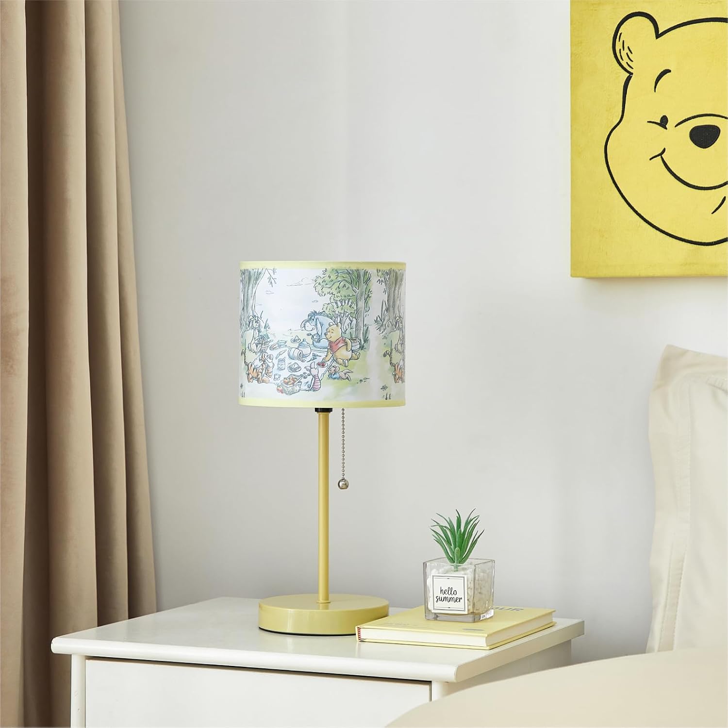 Idea Nuova Table Lamp for Kids, Stick Lamp with Printed Shade & Pull Chain, Bedroom or Nursery Nightstand Lighting,Winnie The Pooh