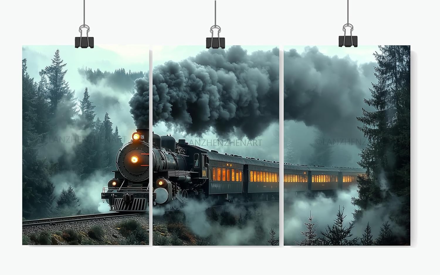 LANZHENZHENART 3Pcs Retro Steam Train Wall Art Railroad Landscape Canvas Painting Prints For Home Dining Room Living Room Wall Decor Poster Artwork(20" x 30" x 3 Panels Unframed)