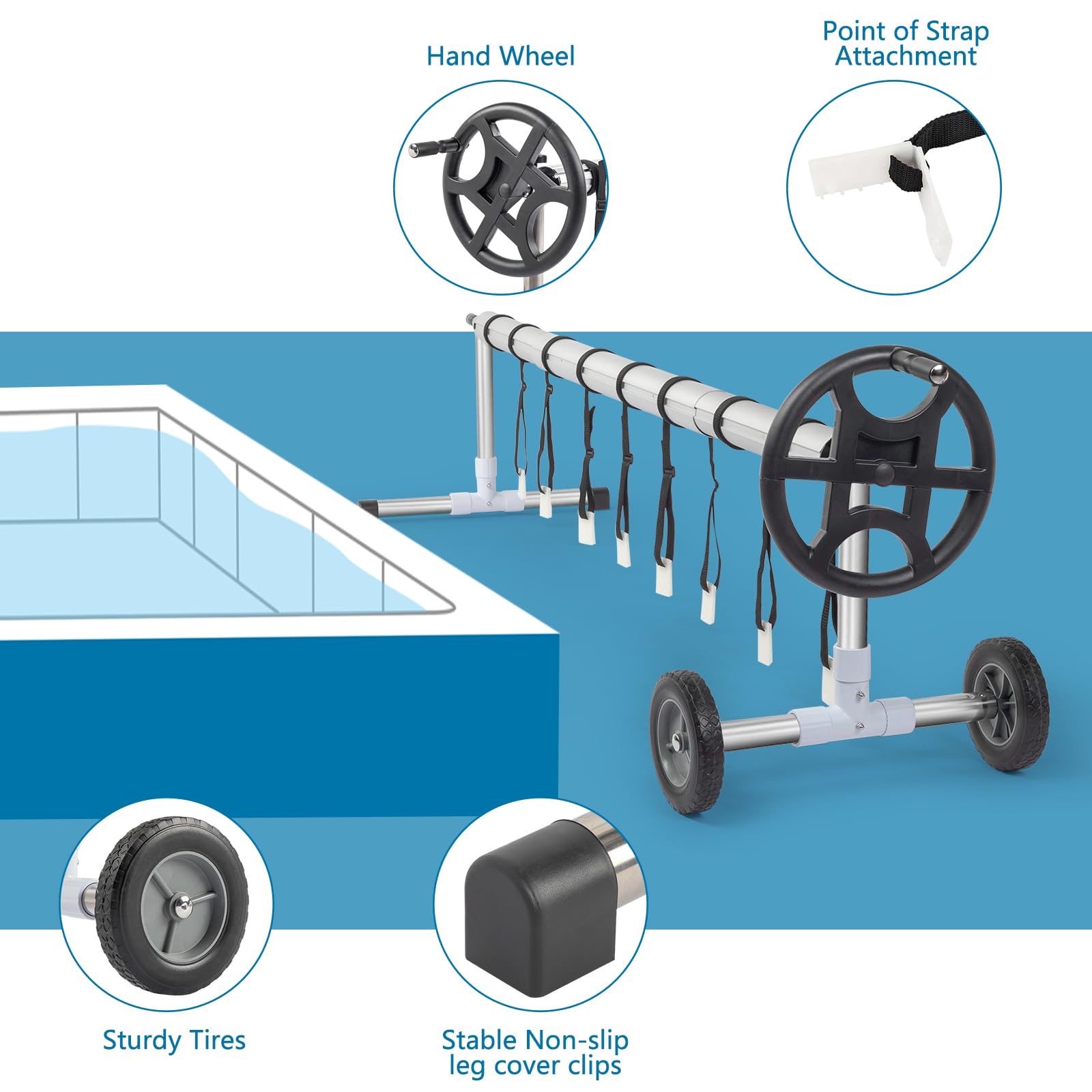 Bonnlo Enrouleur de Bâche de Piscine Système d'enroulement 3,6 m-5,5 m Structure Télescopique Charge de 60 kg Poids Léger de 14,2 kg avec Roues et Sangles Velcro Différents Formes de Piscines Noir