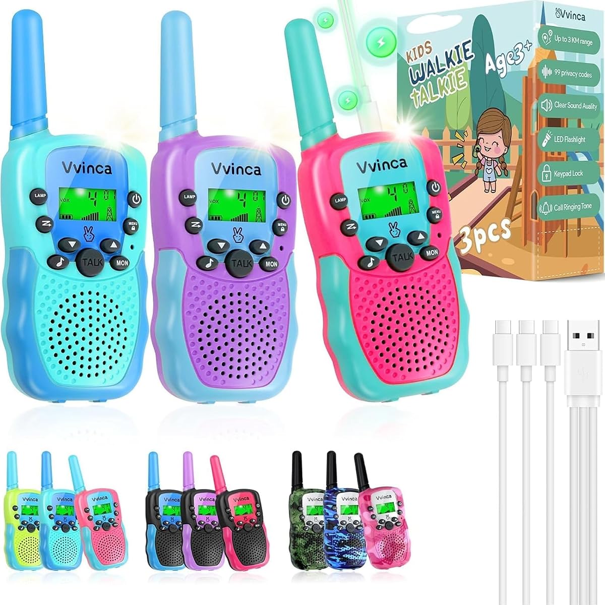 Walkie Talkies para niños recargables, paquete de 3, juguetes para niños y niñas de 3 a 13 años, regalo de cumpleaños para acampar al aire libre, walkie-talkie de largo alcance de 3 km, radios de 2 vías, 22 canales VOX con linterna de batería de iones de litio