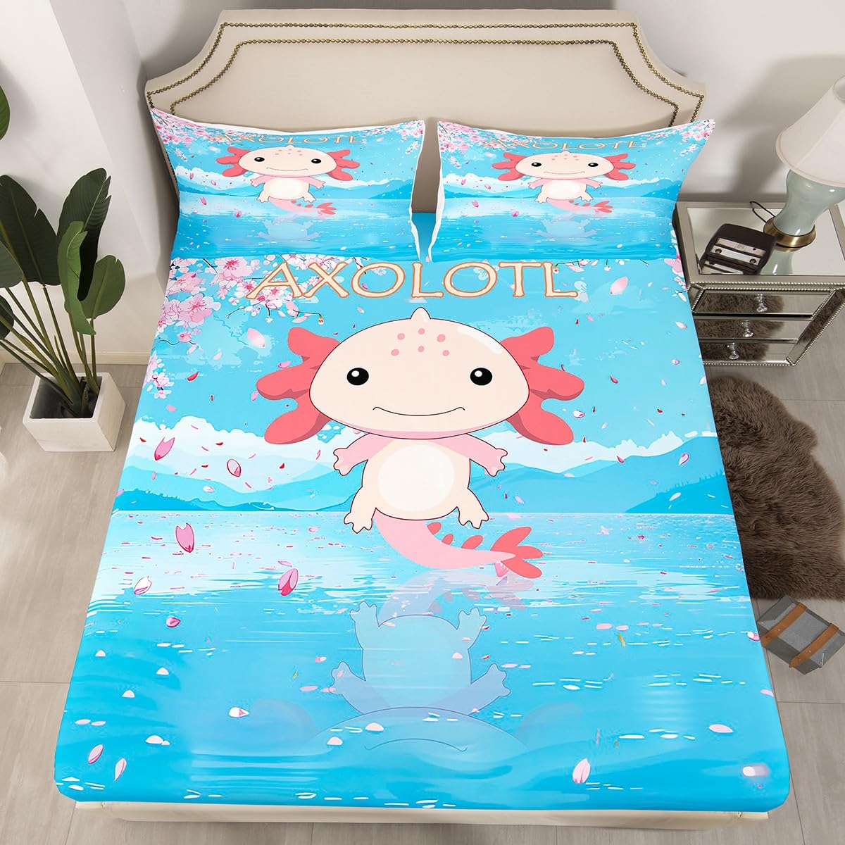 Cartoon Axolotl Kids Fitted Sheet Twin Size,Pink Cherry Blossom Bed Sheet 2Pcs,Boys Girls Bedroom Decor,Ocean Theme Deep Pocket Sheet,1 Pillowcase