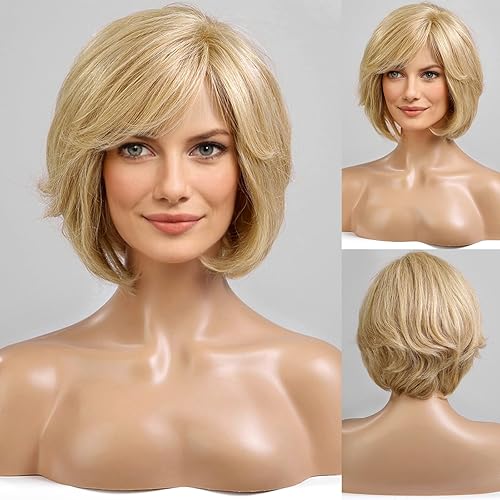 HAIRCUBE Short Blonde Wig for Women Hand-Tied Lace Front Human Hair Wig Layered Bob Wig with Bangs Natural Wig for Daily Use