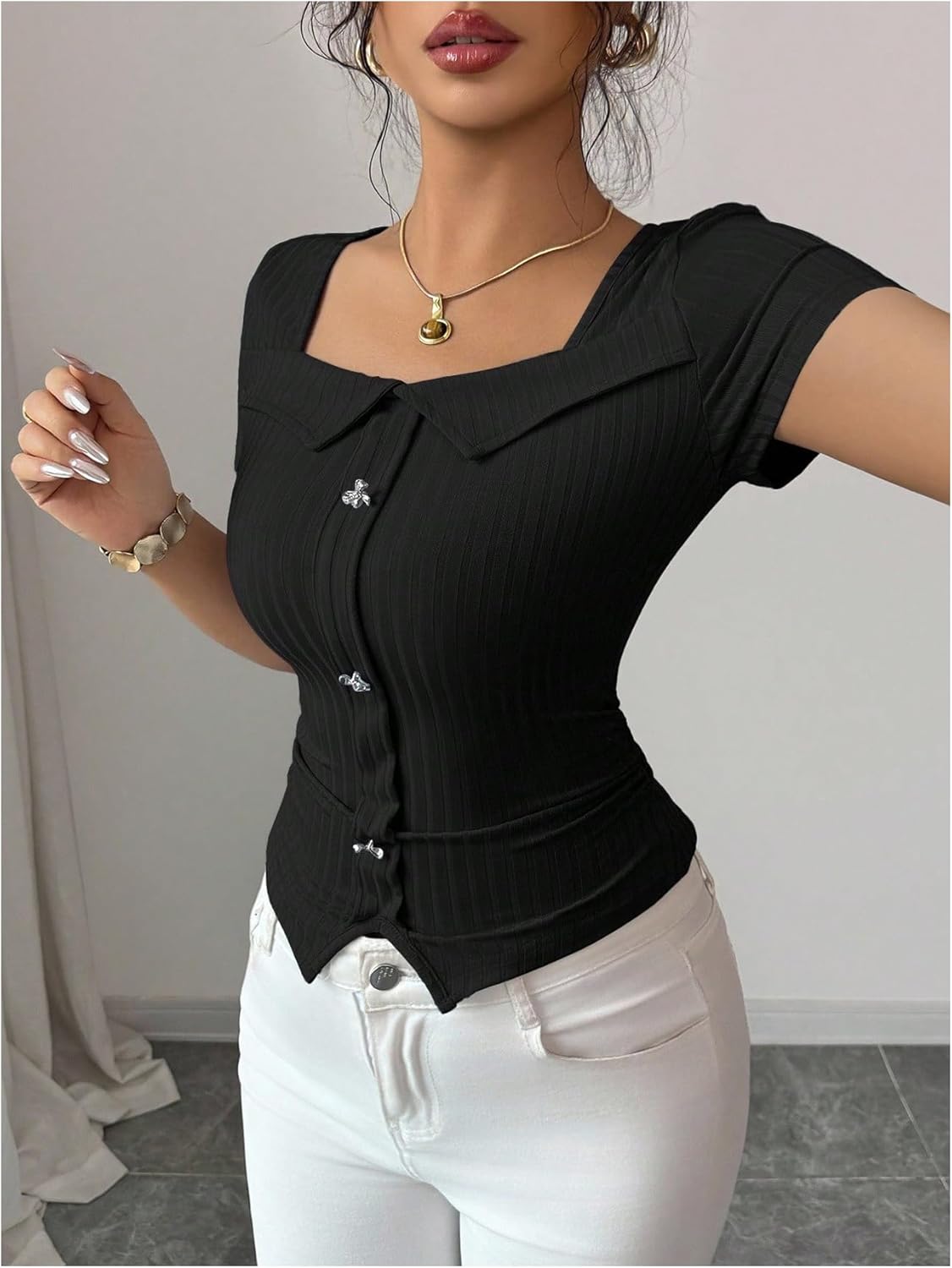 OYOANGLE Women's Square Neck Short Sleeve T Shirt Elegant Bow Ribbed Knit Fitted Summer Top - Image 6