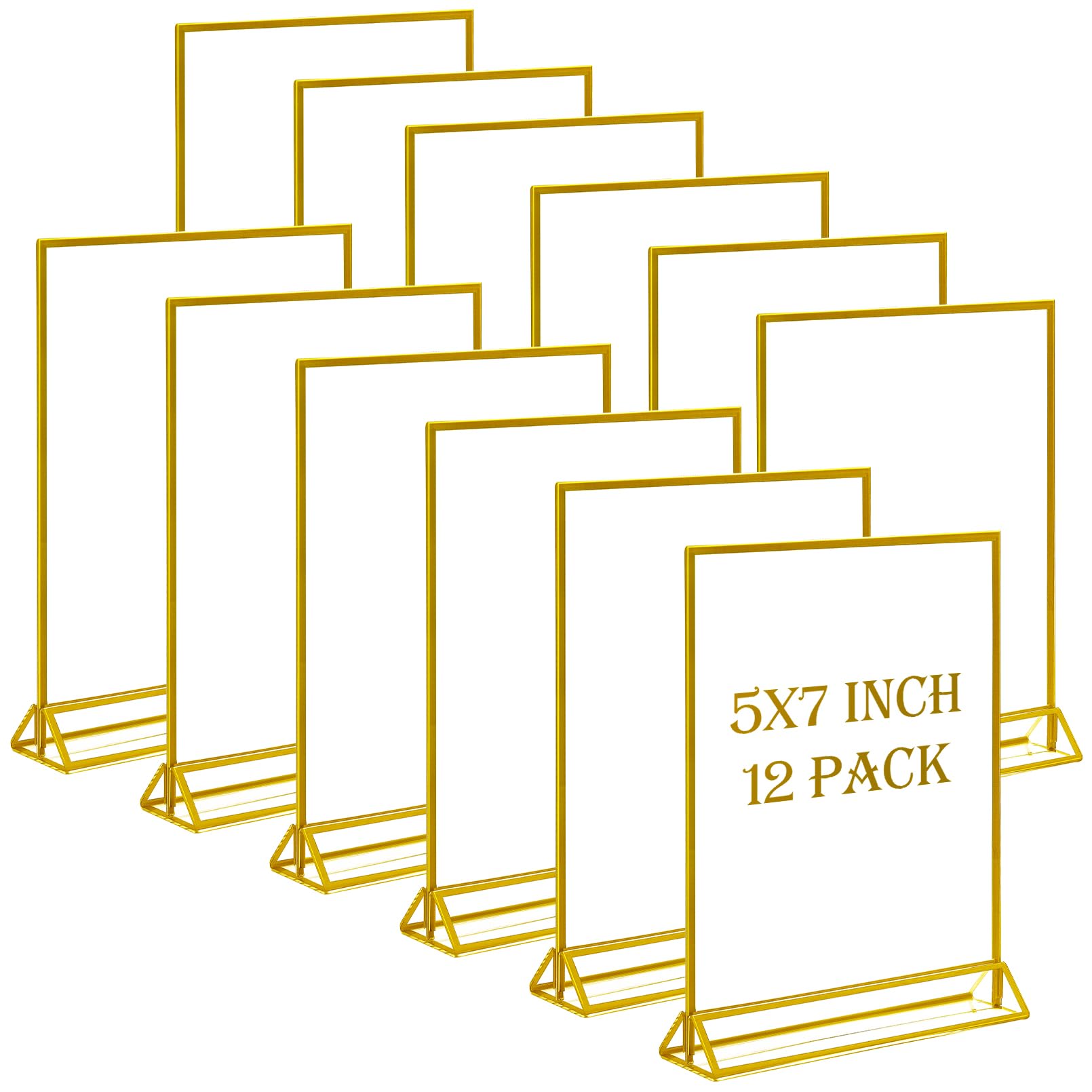 IJRPLM 12Pcs Gold Acrylic Sign Holder,5x7 Clear Table Sign Holder with Vertical Stand,Gold Frame Plastic Display for Restaurant Office School Wedding