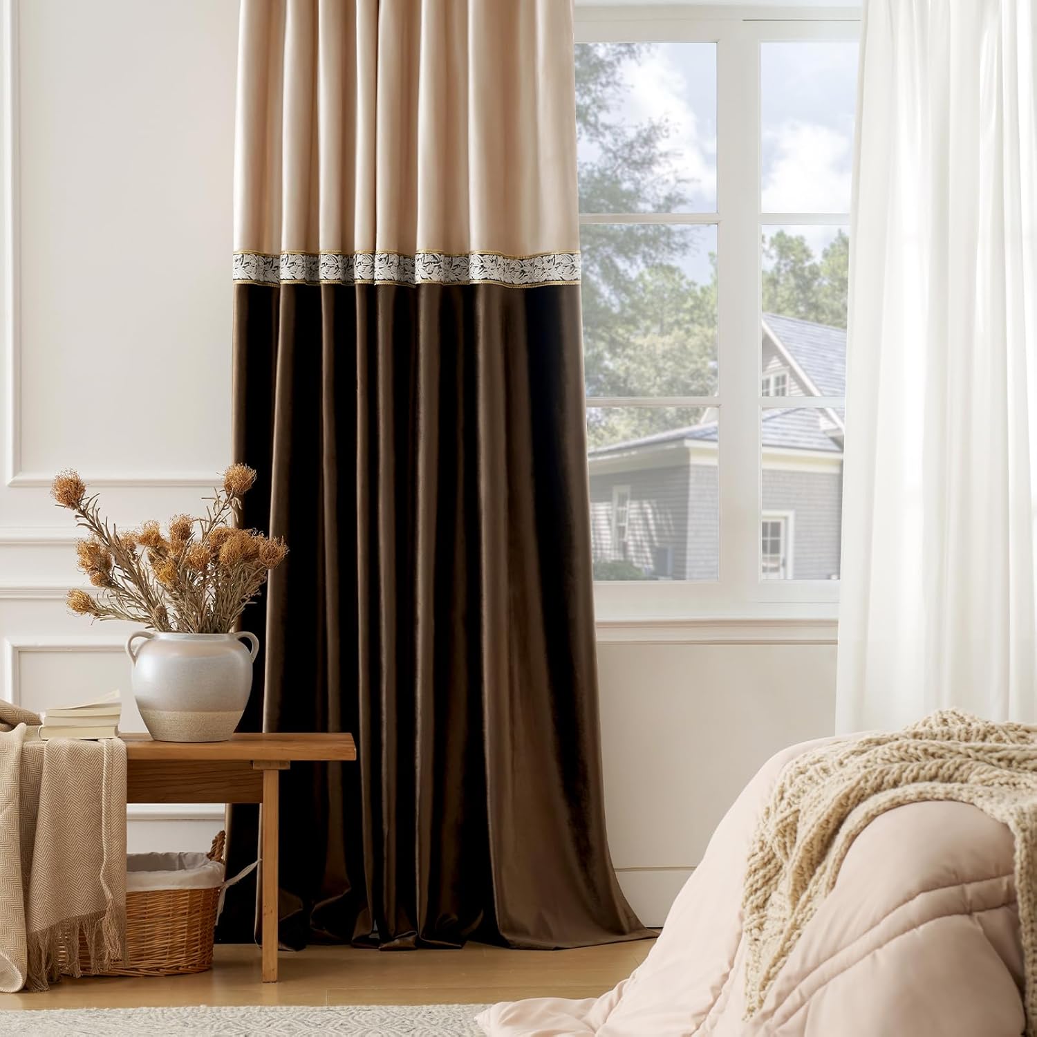 GIGIZAZA Velvet Curtains for Living Room: 2 Panels Set 84 Inches Brown Champagne Drape - Window Treatment Vintage Thick Soft Curtain Bedroom Blackout Elegant Drapes